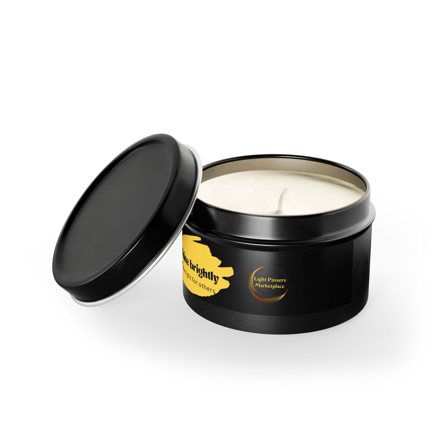 Tin Candle Holder with Shine Brightly message, featuring a black container with a white candle inside. Ideal for creating a cozy, relaxing atmosphere.