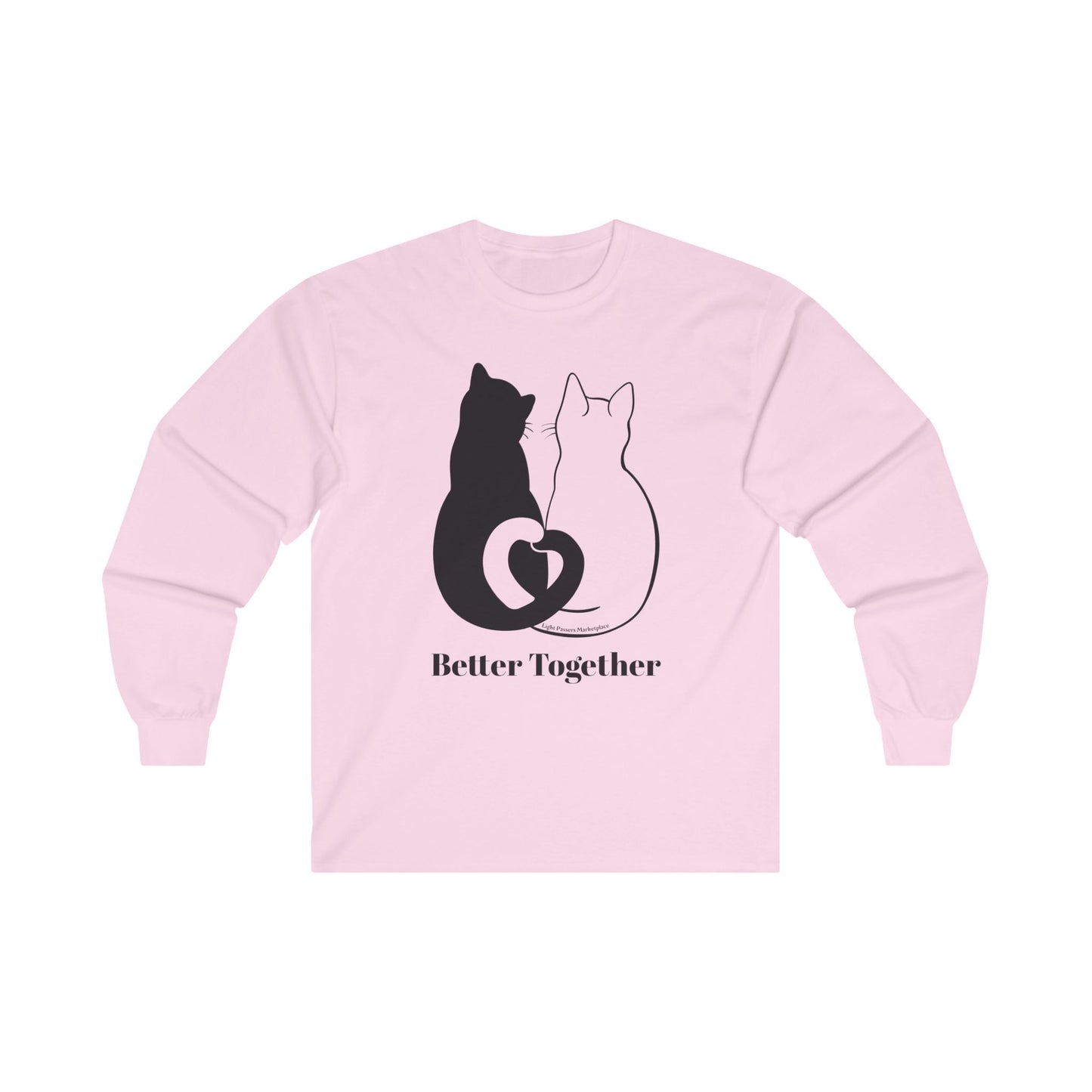 Love and Peace 2 Cat Love Tails Long Sleeve Adult Unisex featuring black and white cat silhouettes symbolizing unity on a seamless, eco-friendly cotton shirt.