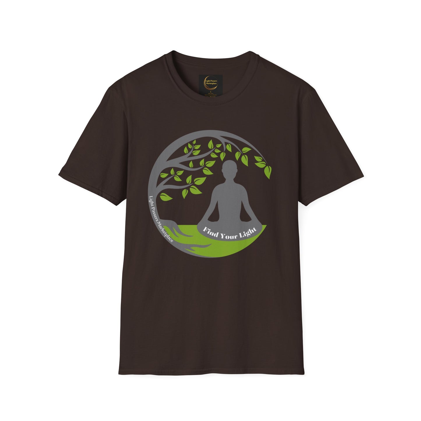 A brown unisex t-shirt featuring a person meditating under a tree graphic. Made of soft 100% ring-spun cotton, with twill tape shoulders for durability and a ribbed collar. Ethically sourced and Oeko-Tex certified.