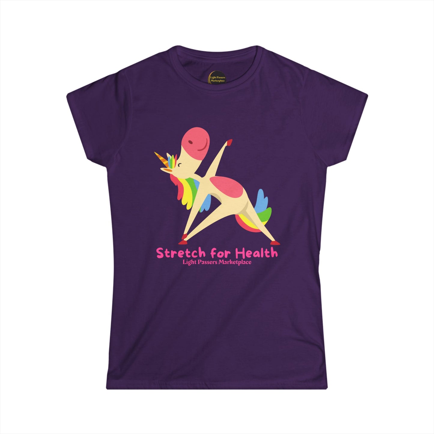 Women's Tee - Magical Unicorn Stretch for Health with a cartoon unicorn in yoga pose and Stretch for Health slogan, perfect for yoga or casual wear.