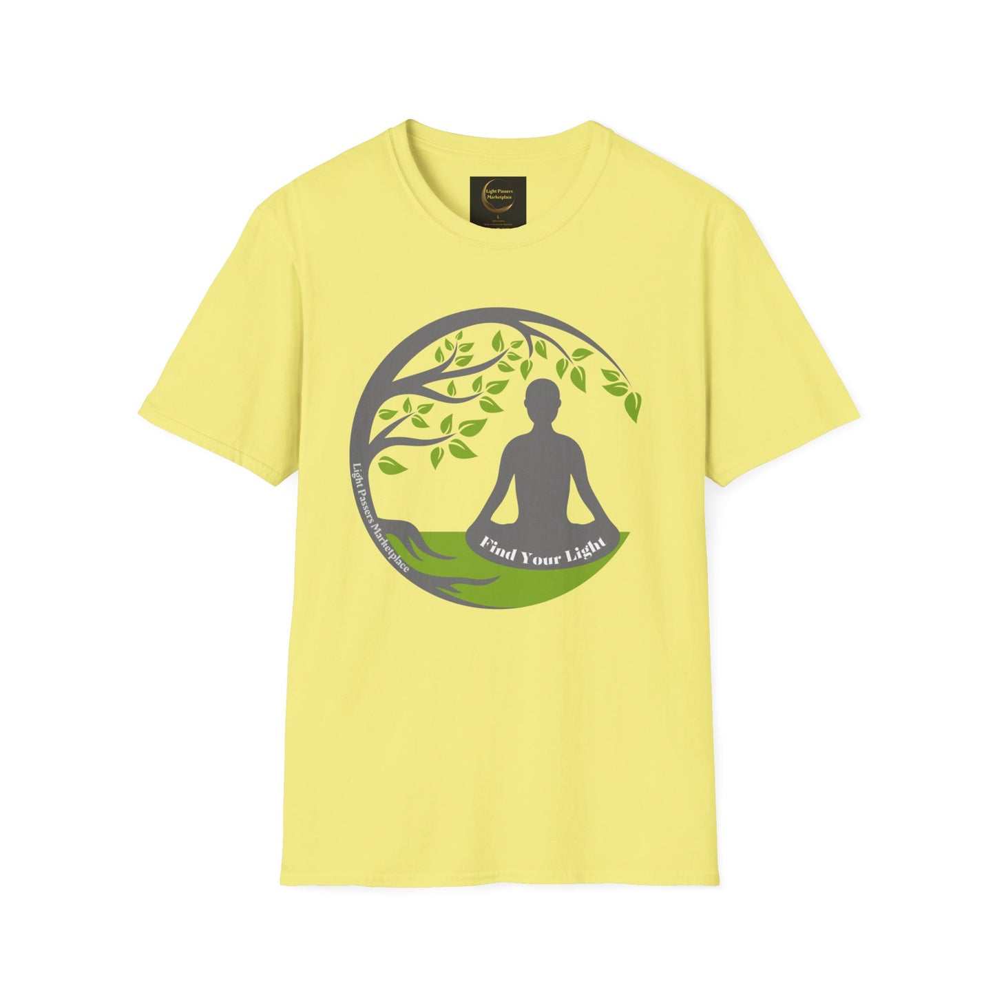A yellow unisex t-shirt featuring a person meditating under a tree logo, crafted from soft 100% ring-spun cotton. Ethically made with twill tape shoulders and ribbed collar, offering versatile comfort and style.