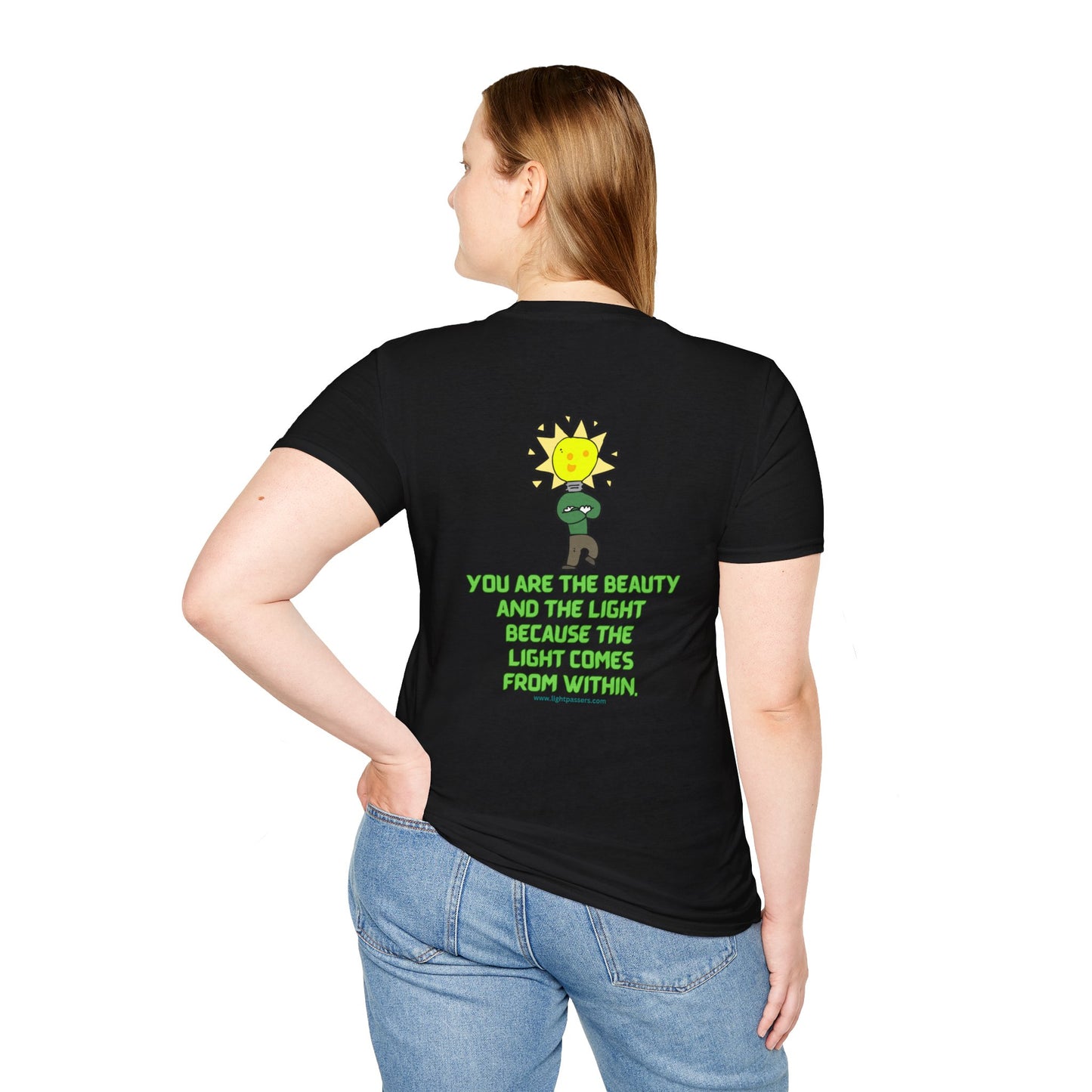 Unisex black tee with green text, featuring a woman in jeans. Classic fit, 100% cotton, tear-away label, no side seams for comfort. Ideal for casual fashion with personalized designs.
