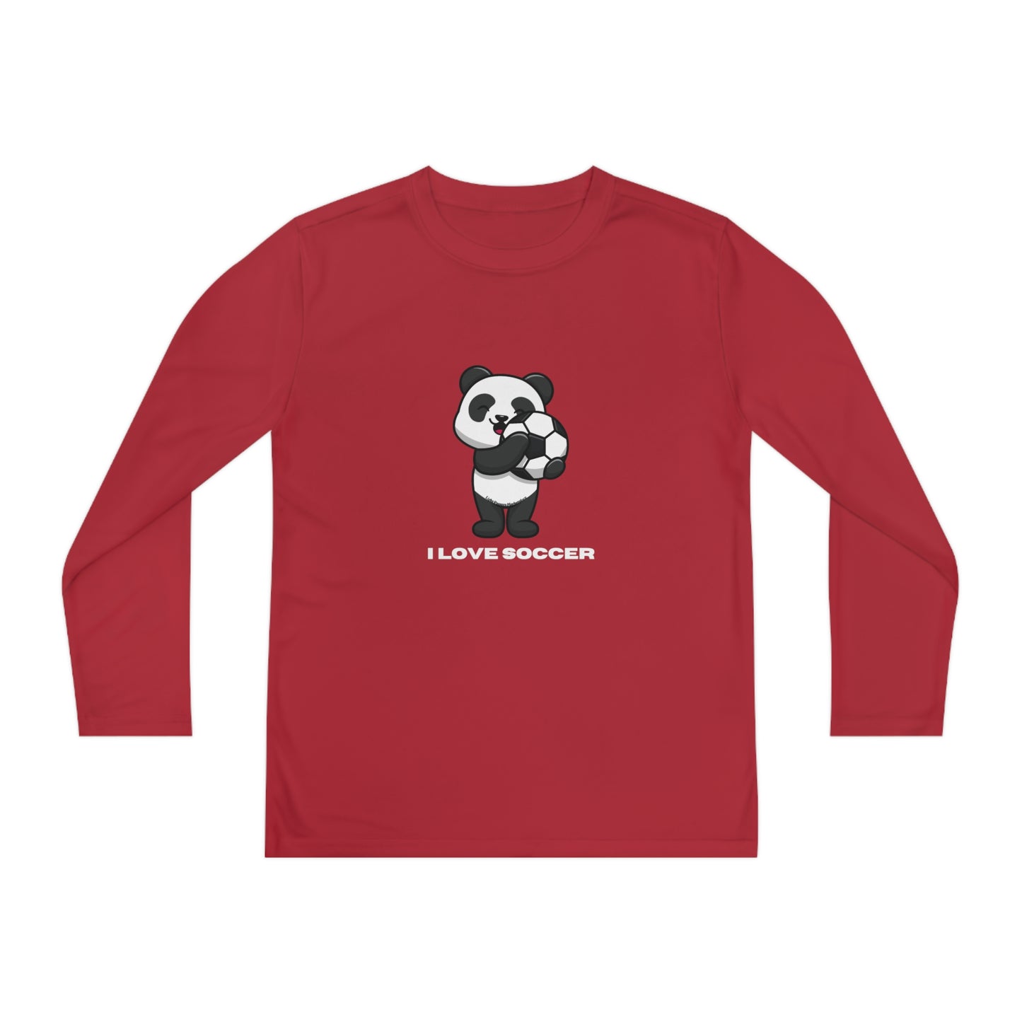 Youth Long Sleeve - Panda Says I Love Soccer featuring a panda holding a football, designed for young soccer fans with moisture-wicking polyester and durable print.