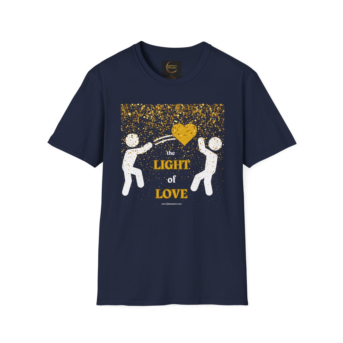 Light Love and Peace Gold Heart Adult Unisex T-Shirt featuring a graphic of two people holding a heart on a soft, durable fabric.