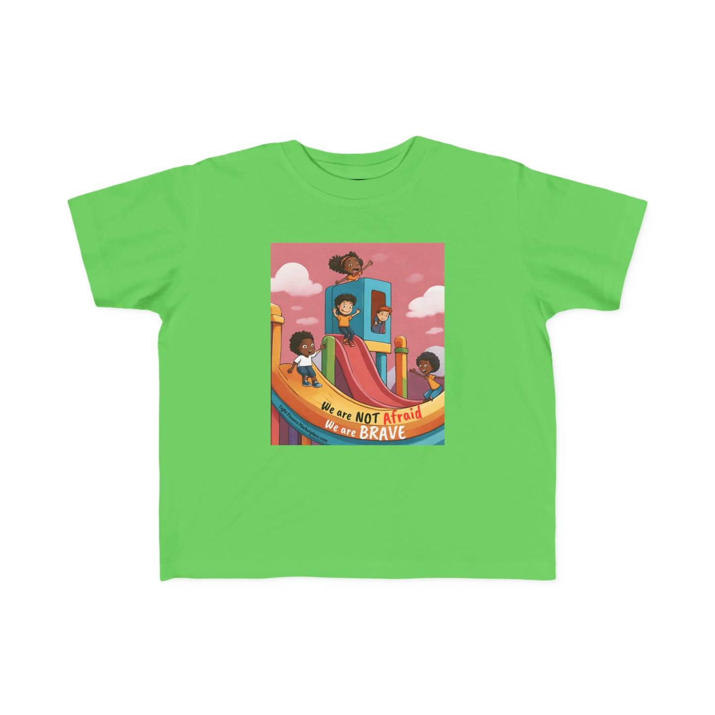A green toddler t-shirt featuring cartoon characters, ideal for sensitive skin. Made of 100% combed cotton, light fabric, durable print, and tear-away label. Classic fit, true to size.