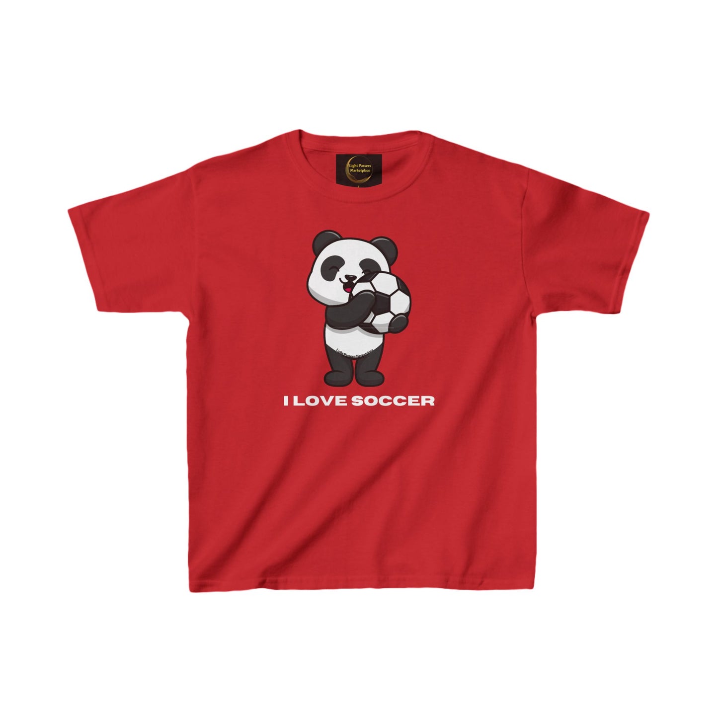 Teams Panda I Love Soccer Youth T-shirt featuring a cartoon panda holding a soccer ball, ideal for young soccer fans. Made with 100% midweight US cotton.