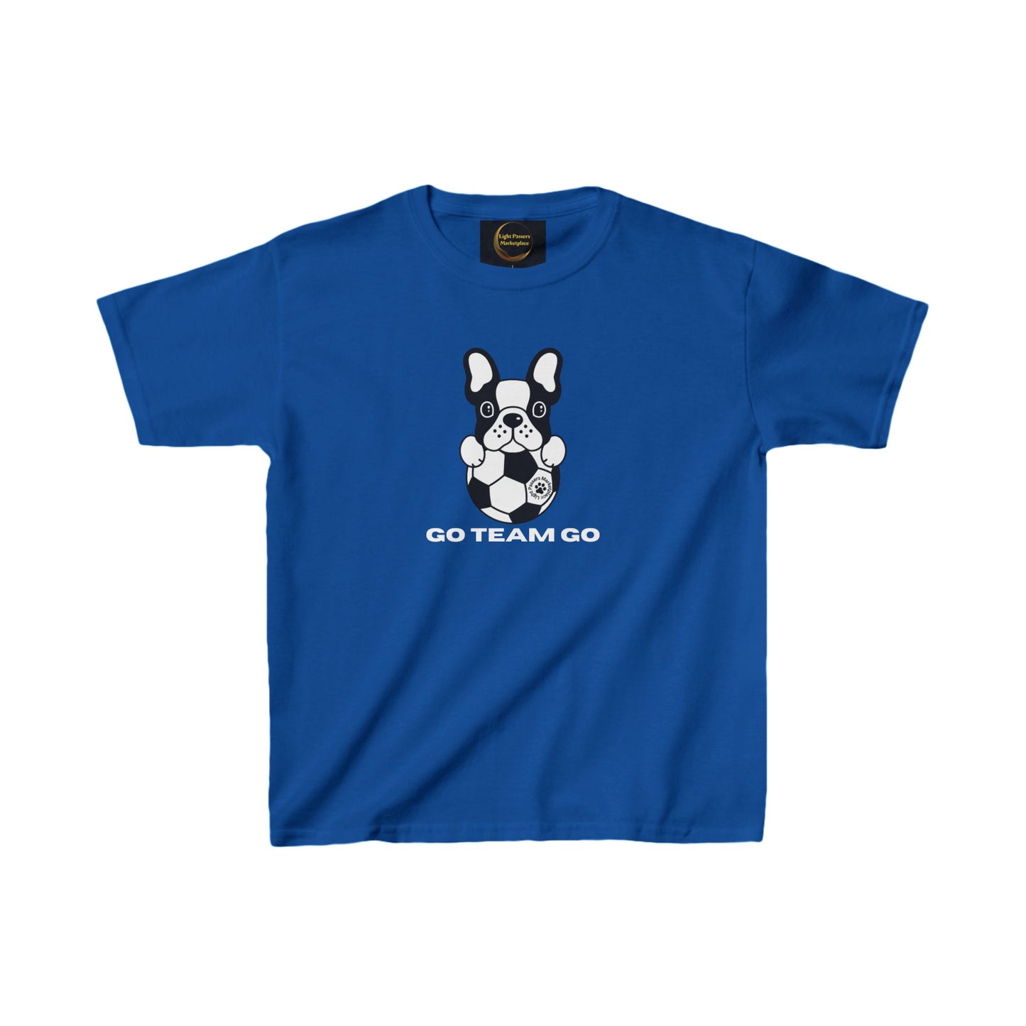 Teams Soccer Dog Go Team Go Youth T-shirt featuring a playful black and white dog with a soccer ball, ideal for young soccer enthusiasts.
