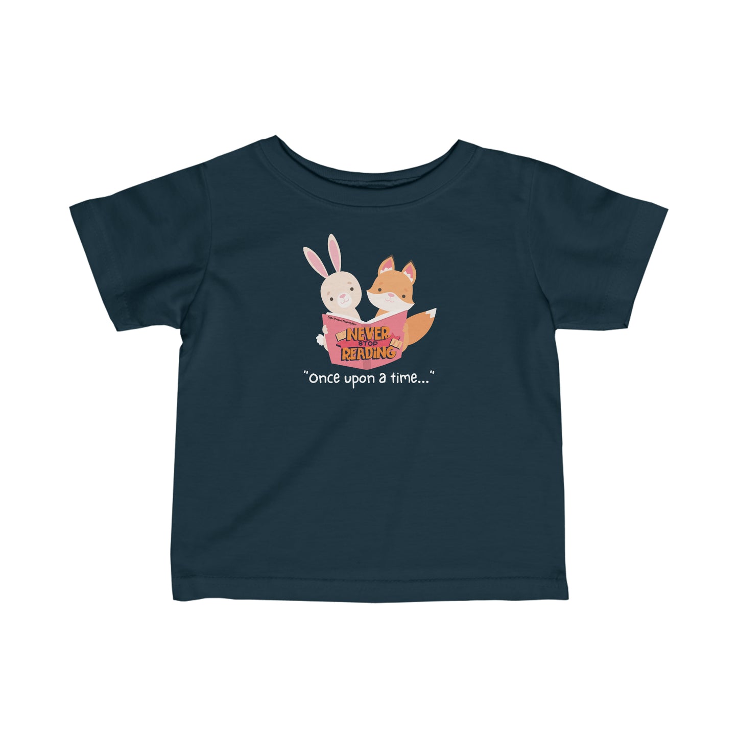 A blue baby T-shirt featuring a cartoon fox and rabbit reading a book, with ribbed knitting for durability and taped shoulders for a comfortable fit.