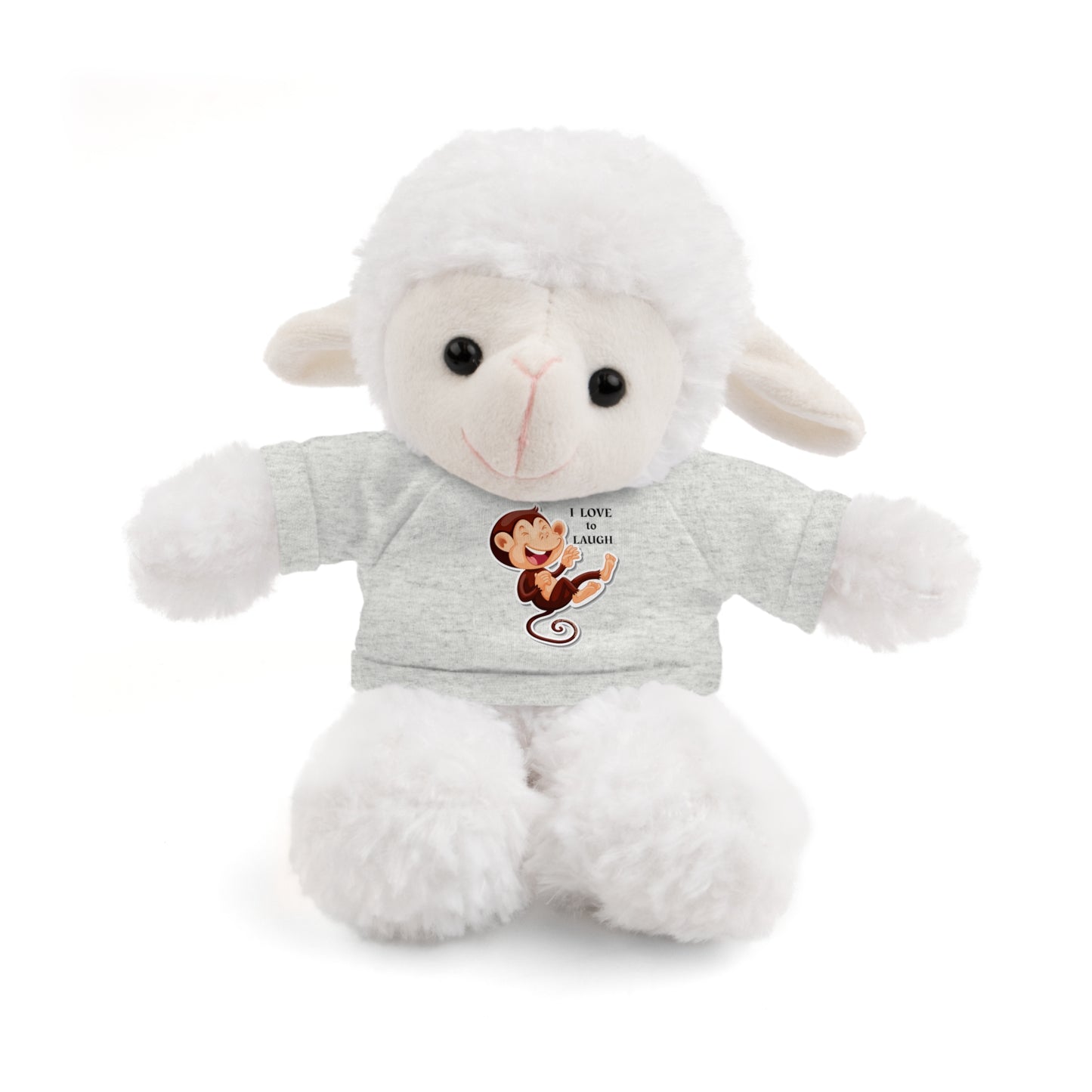 Cool Stuff Stuffies plush monkey with removable 'I Love to Laugh' T-shirt, featuring a cartoon monkey face, perfect for kids' play and snuggles.