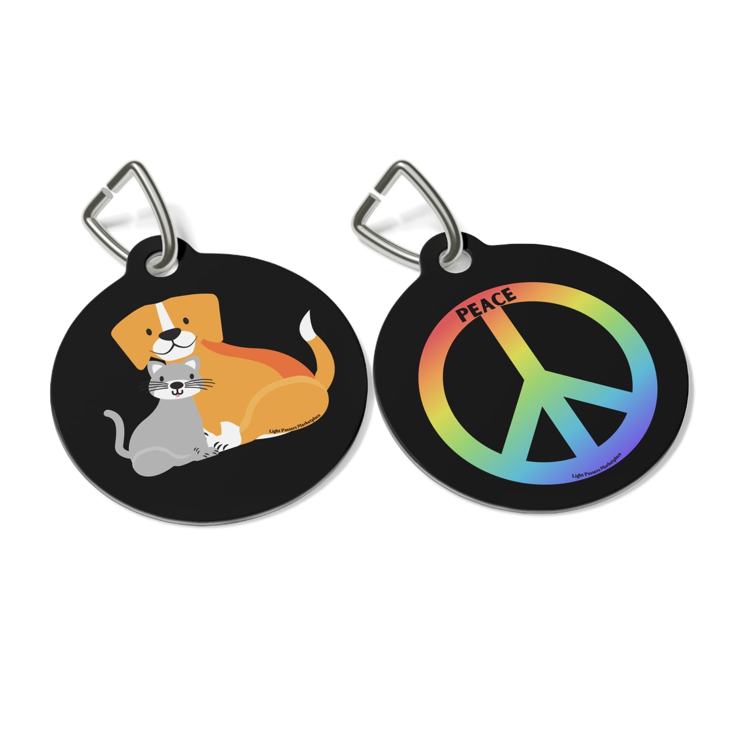 Pet Tag with Good Friends and Peace Message, featuring a dog and cat with a peace sign, printed on durable, glossy metal.