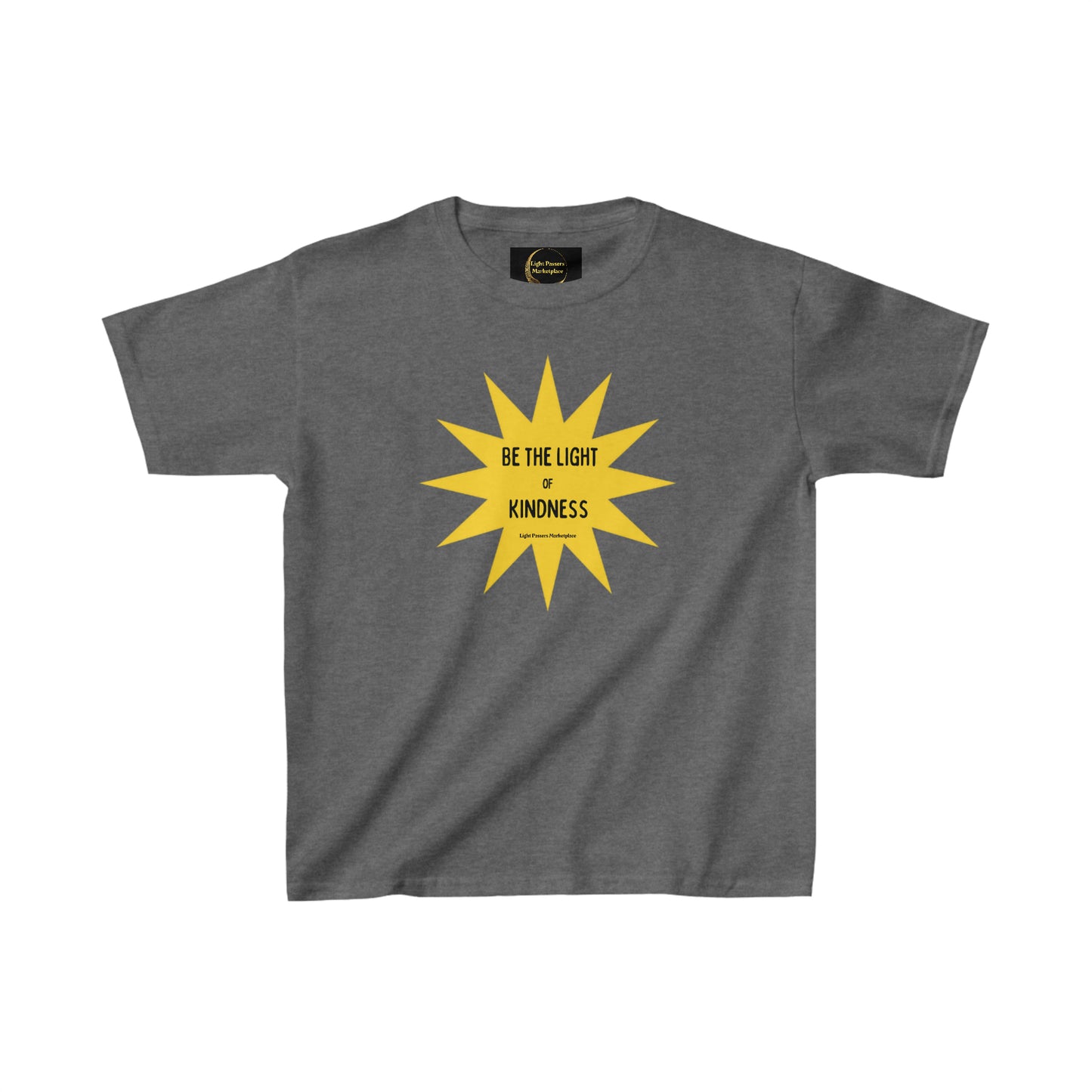 Youth cotton t-shirt featuring a yellow star and sun graphic. Made of 100% cotton, ideal for everyday wear. Durable twill tape shoulders, tear-away label, and curl-resistant collar.