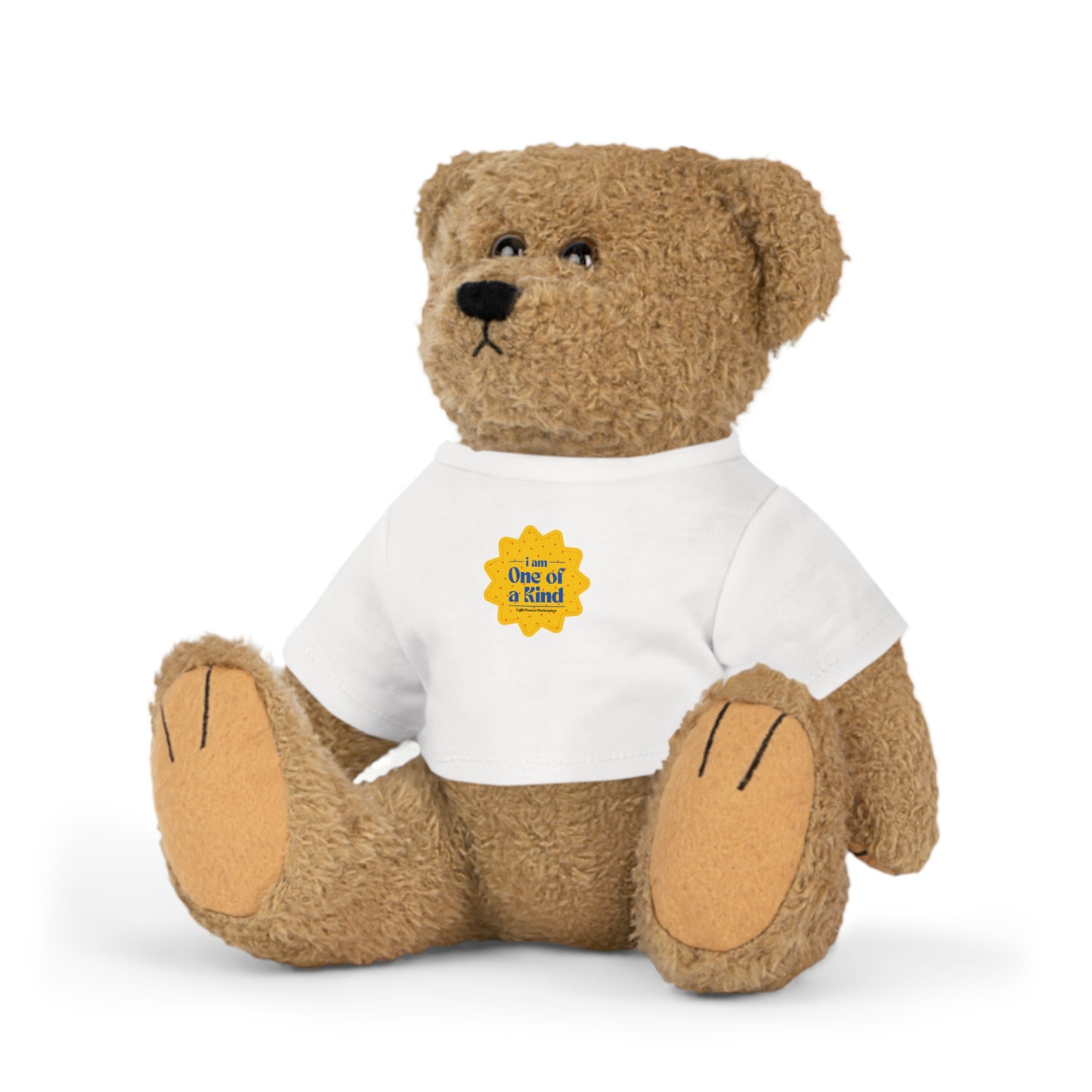 Stuffed Bear with One of a Kind T-Shirt, featuring a plush toy in a white shirt with a yellow star and blue text. Perfect for gifting.
