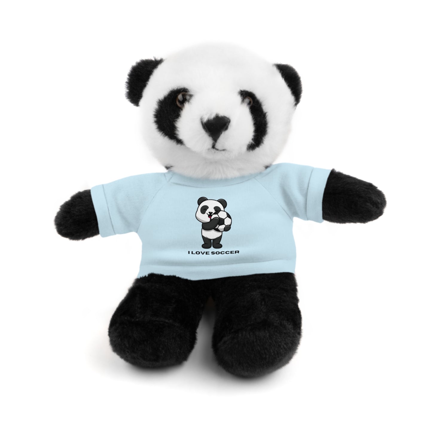 Panda stuffed animal wearing an I Love Soccer shirt, 8 tall, perfect for kids and soccer fans. Suitable for ages 3 and up.
