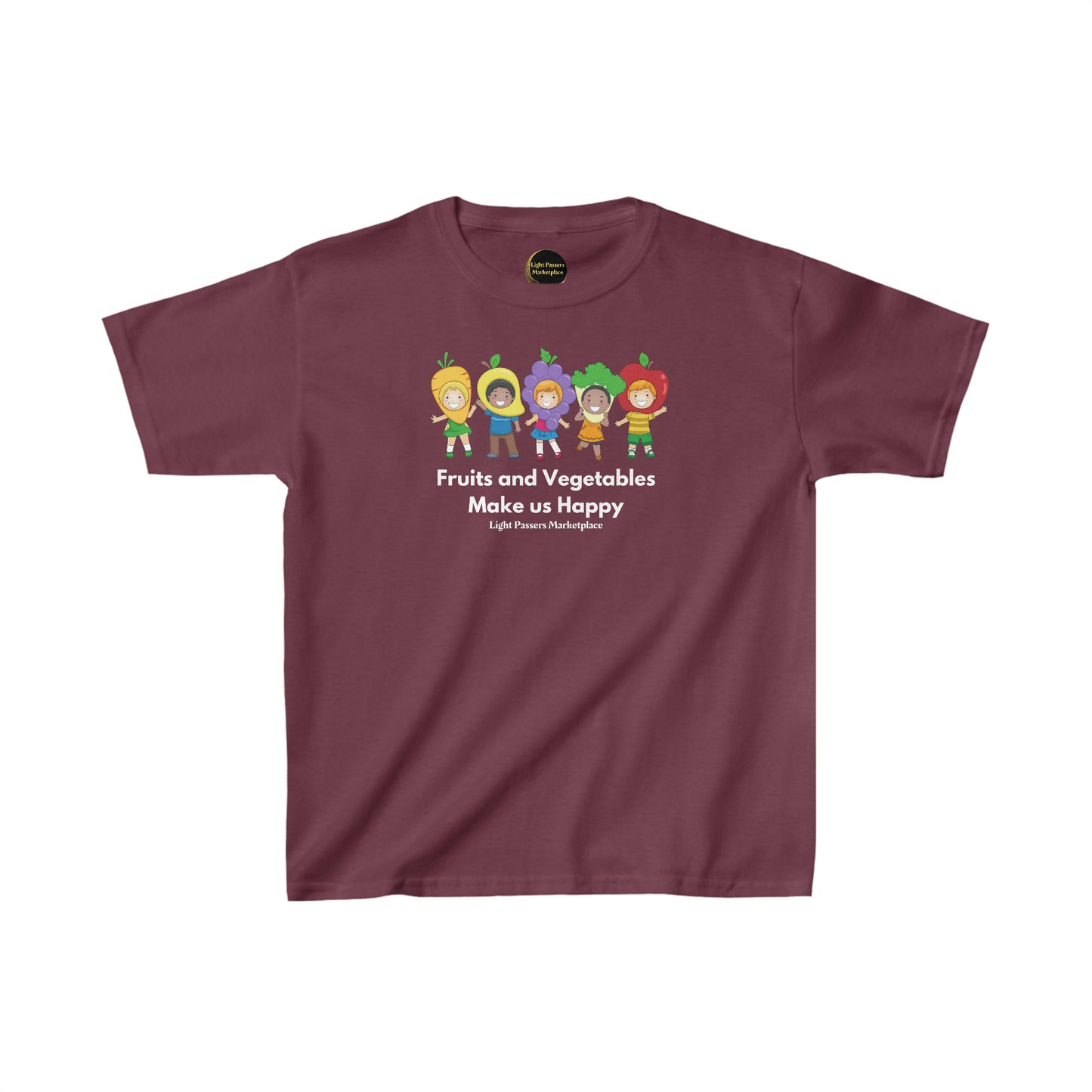 Youth t-shirt featuring cartoon characters of kids in fruit clothing. Made of 100% cotton for solid colors, with twill tape shoulders for durability and ribbed collar for curl resistance. Ethically sourced US cotton.