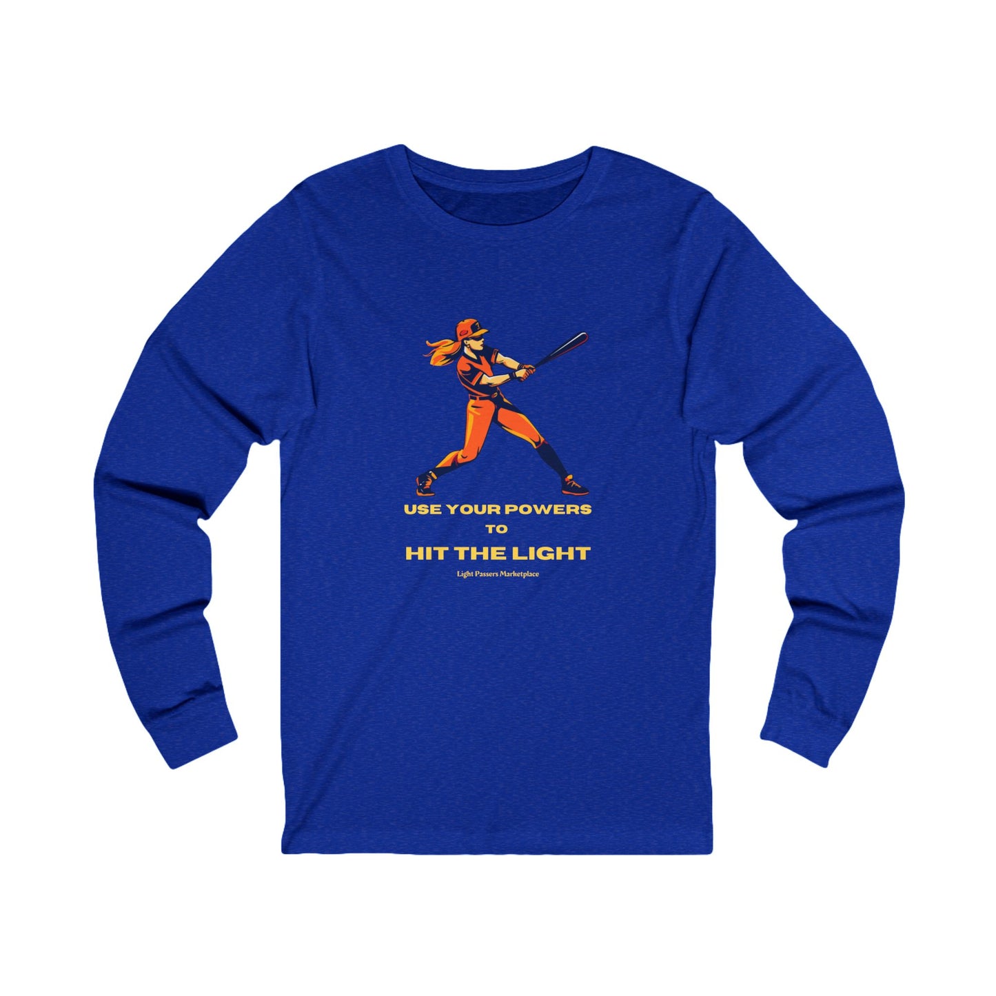 Long Sleeve Girl Use Your Powers to Hit the Light Unisex tee, featuring a graphic of a woman swinging a baseball bat, promoting empowerment and positivity.
