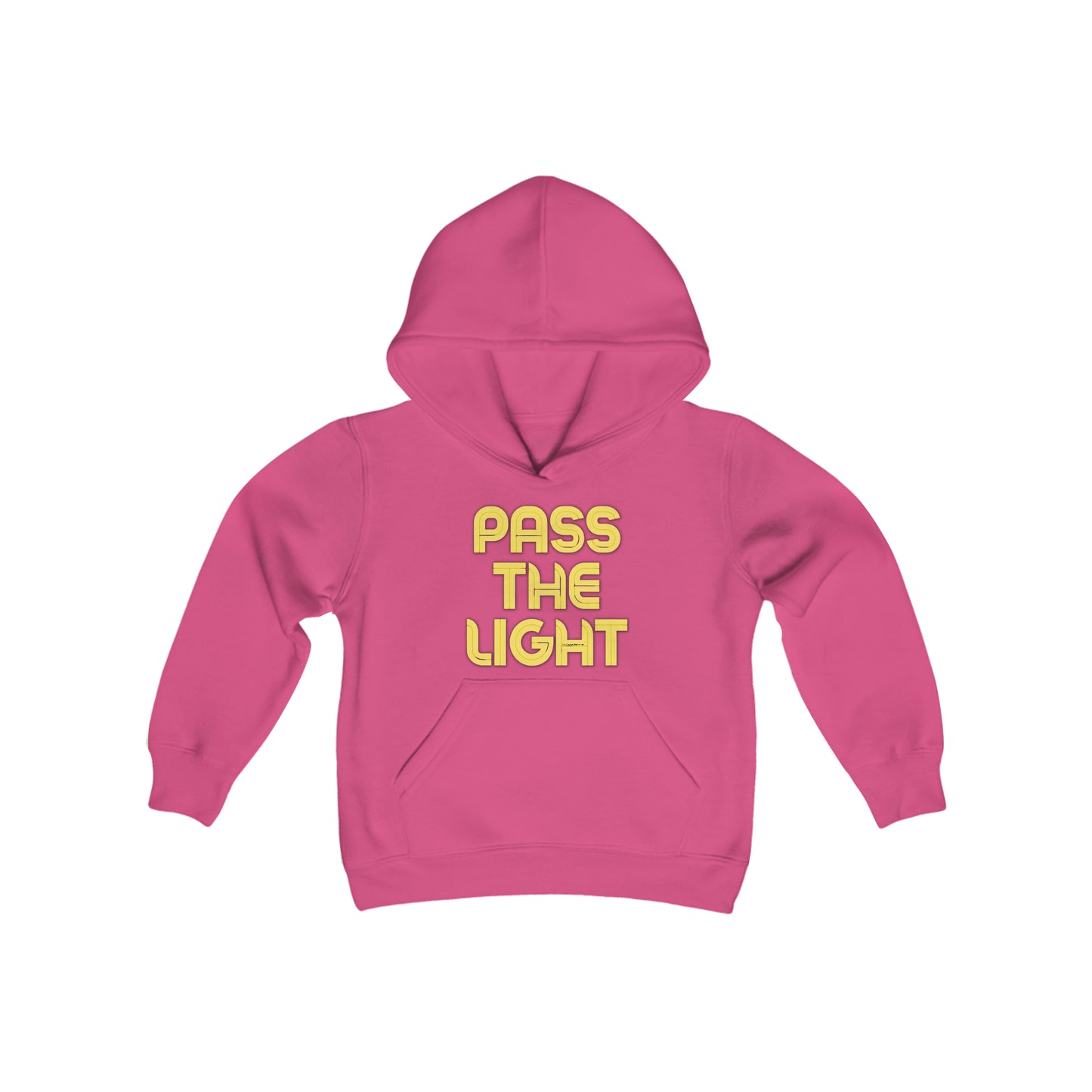 Pass the Light Youth Hooded Sweatshirt: Pink hoodie with yellow text, kangaroo pocket, 50% cotton 50% polyester, preshrunk fleece, twill taping, regular fit.