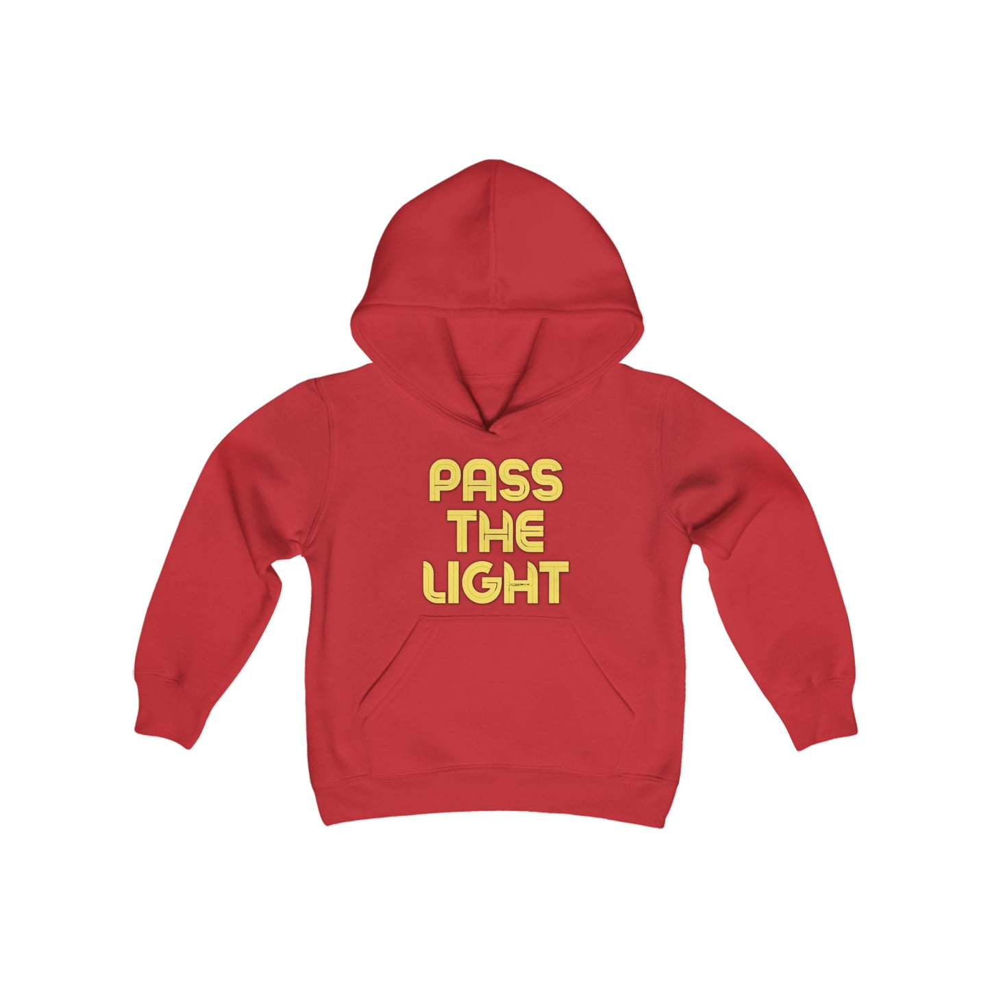 Pass the Light Youth Hooded Sweatshirt with kangaroo pocket, soft fleece, and twill-taped neck. 50% cotton, 50% polyester blend for print quality. Regular fit.