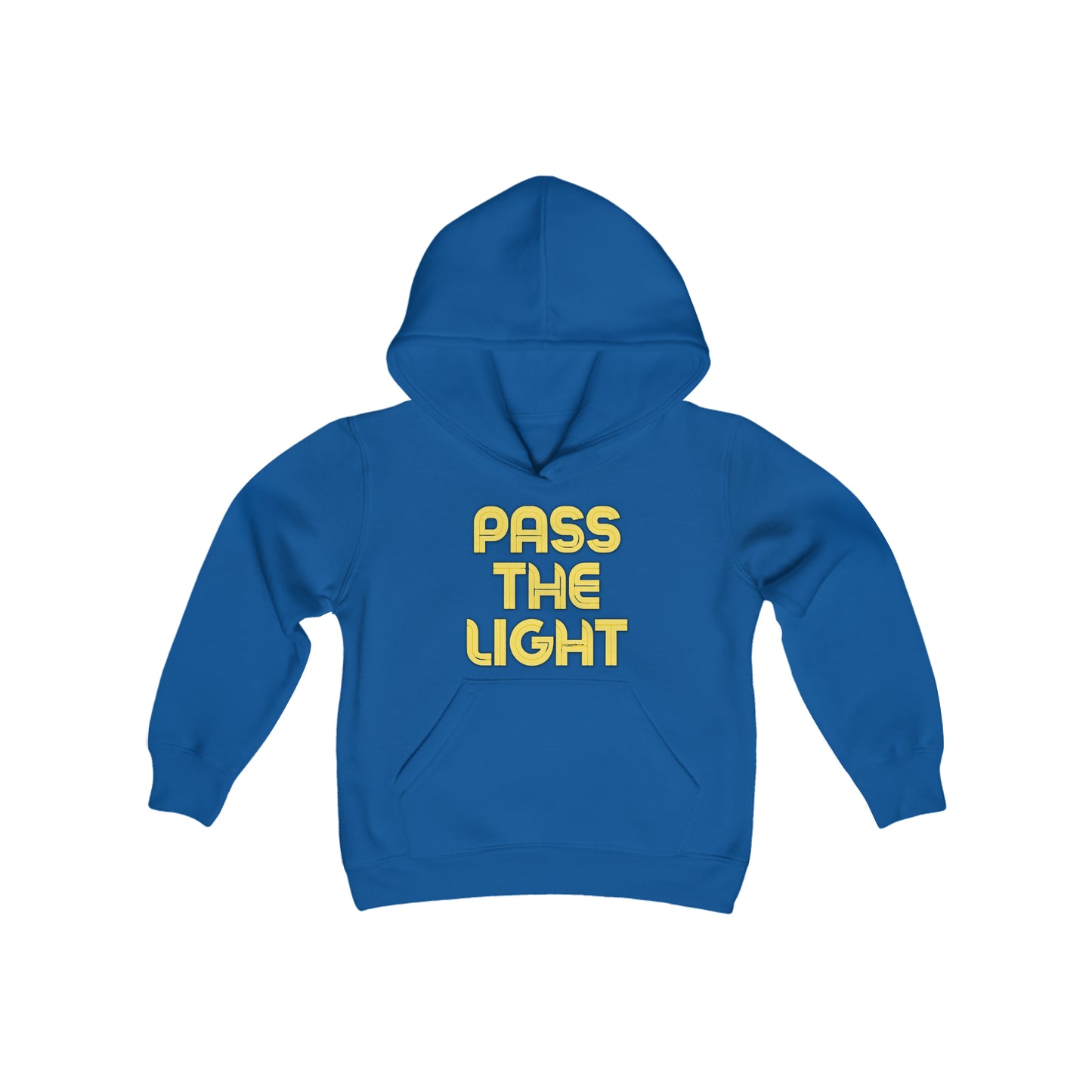 Pass the Light Youth Hooded Sweatshirt: Blue hoodie with yellow text, kangaroo pocket, 50% cotton 50% polyester blend, 7.75 oz fabric, reinforced neck.