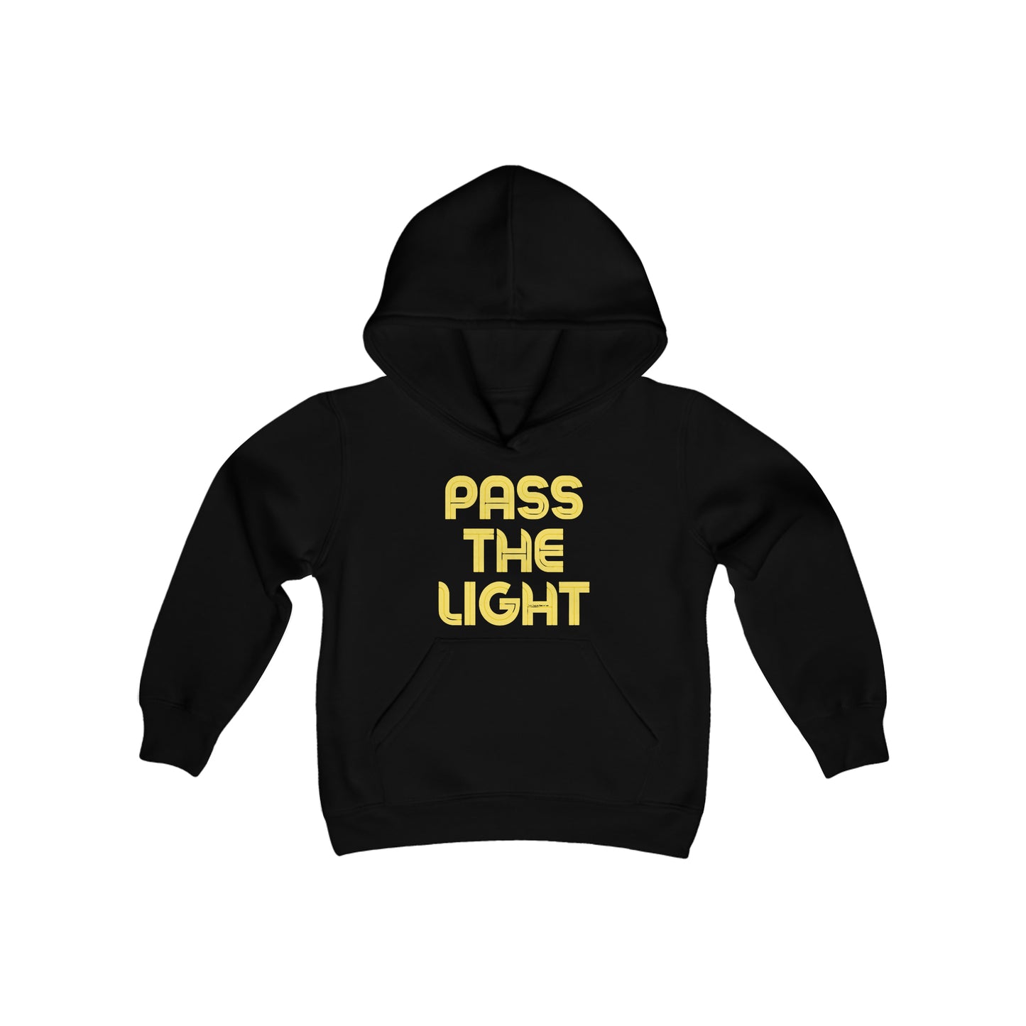 Pass the Light Youth Hooded Sweatshirt: Black hoodie with yellow text, kangaroo pocket, twill taping, 50% cotton 50% polyester blend, preshrunk fleece, medium fabric, regular fit.