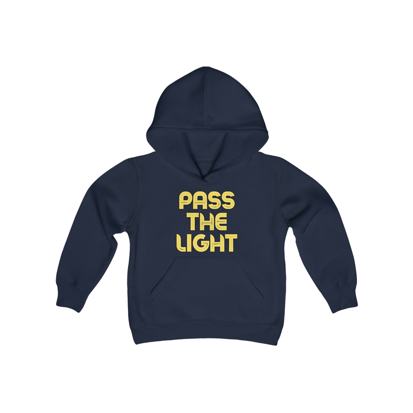 A Pass the Light Youth Hooded Sweatshirt in blue with yellow text. Made of soft, preshrunk fleece, 50% cotton 50% polyester blend, kangaroo pocket, and twill taping.