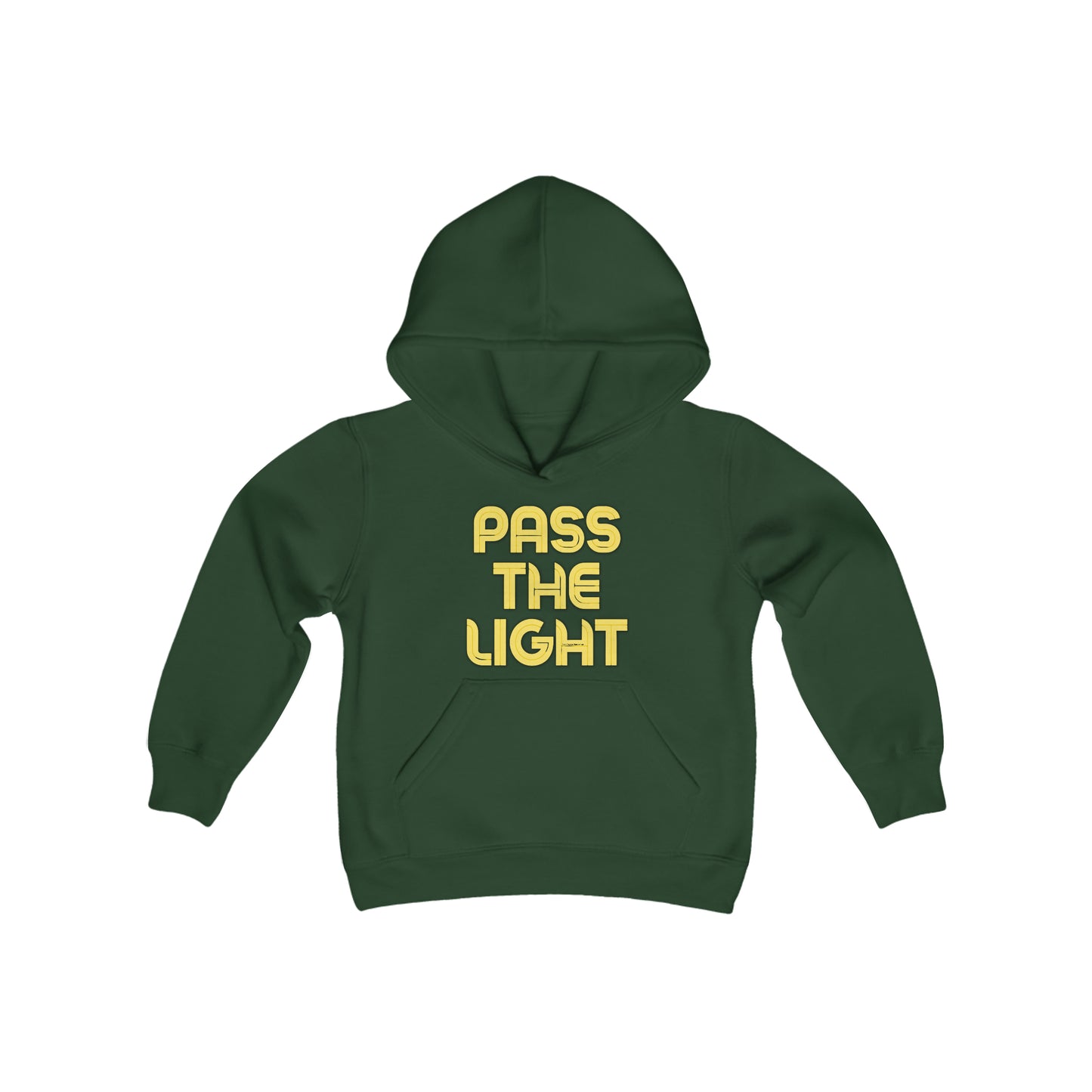 Pass the Light Youth Hooded Sweatshirt: Green hoodie with yellow text, kangaroo pocket, twill taping, 50% cotton 50% polyester blend, soft fleece, preshrunk, ideal for printing, regular fit.