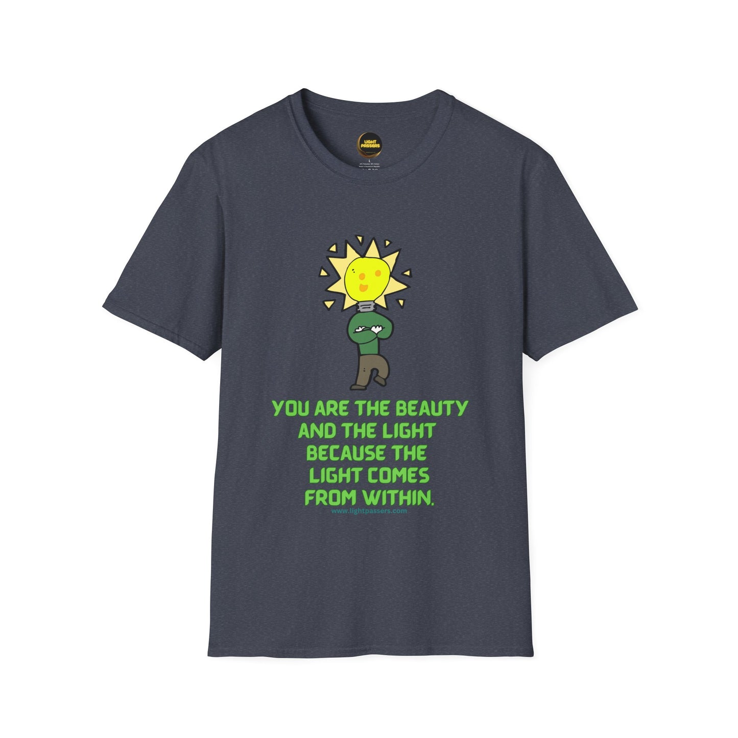 The Light Beauty and The Light Adult Unisex T-Shirt featuring a cartoon character with a light bulb, symbolizing inspiration and inner beauty.