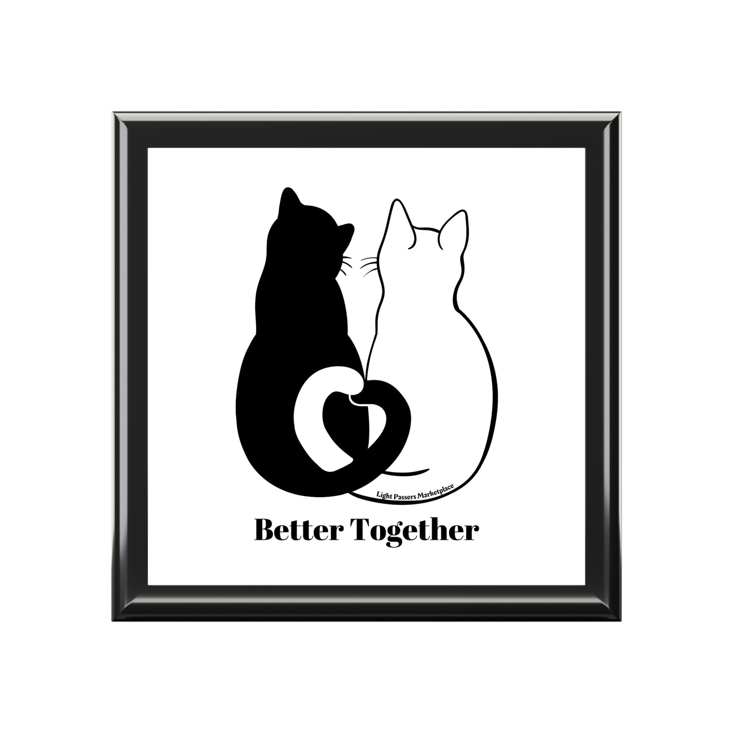 Better Together 2 Cats Love Tails Jewelry Box featuring a framed sketch of two cats, perfect for organizing jewelry with a whimsical touch for cat lovers.