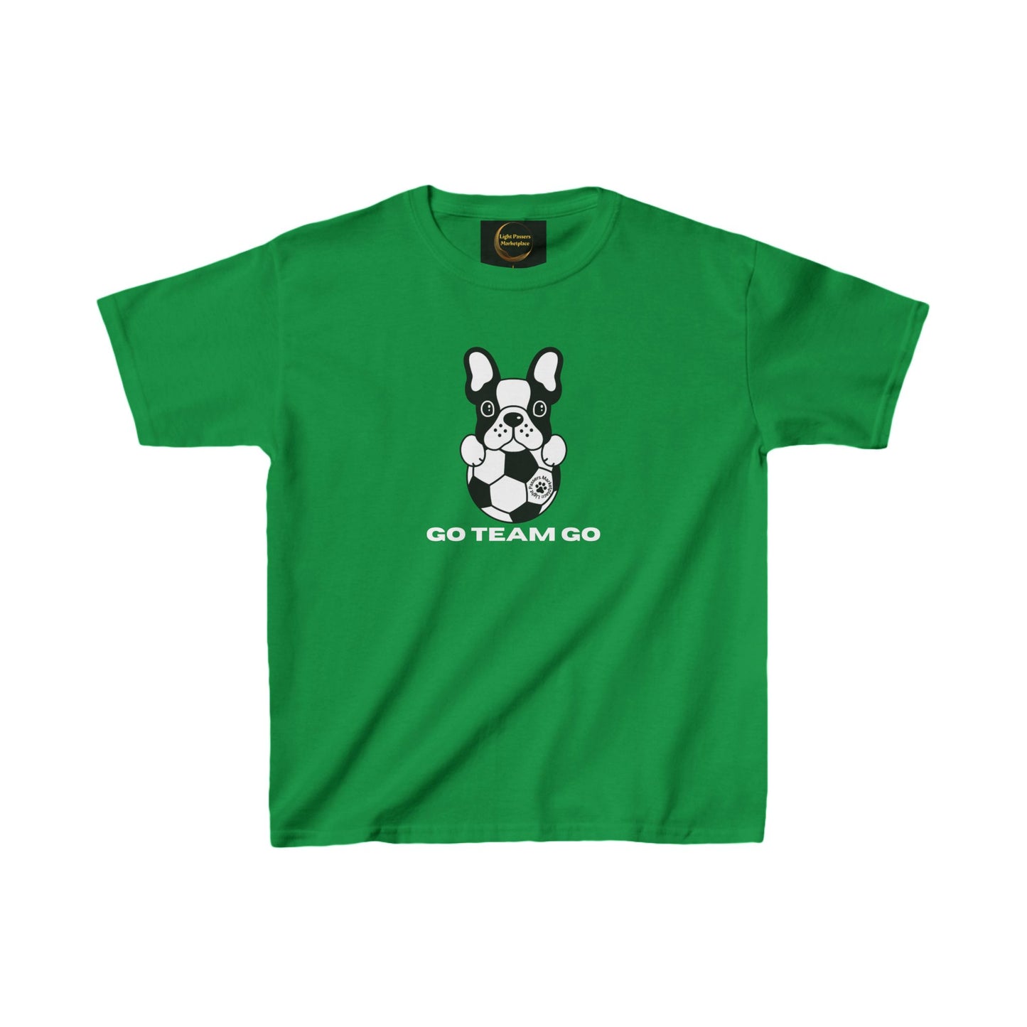 Teams Soccer Dog Go Team Go Youth T-shirt featuring a black and white dog with a soccer ball, perfect for young soccer fans. Made of 100% US cotton.