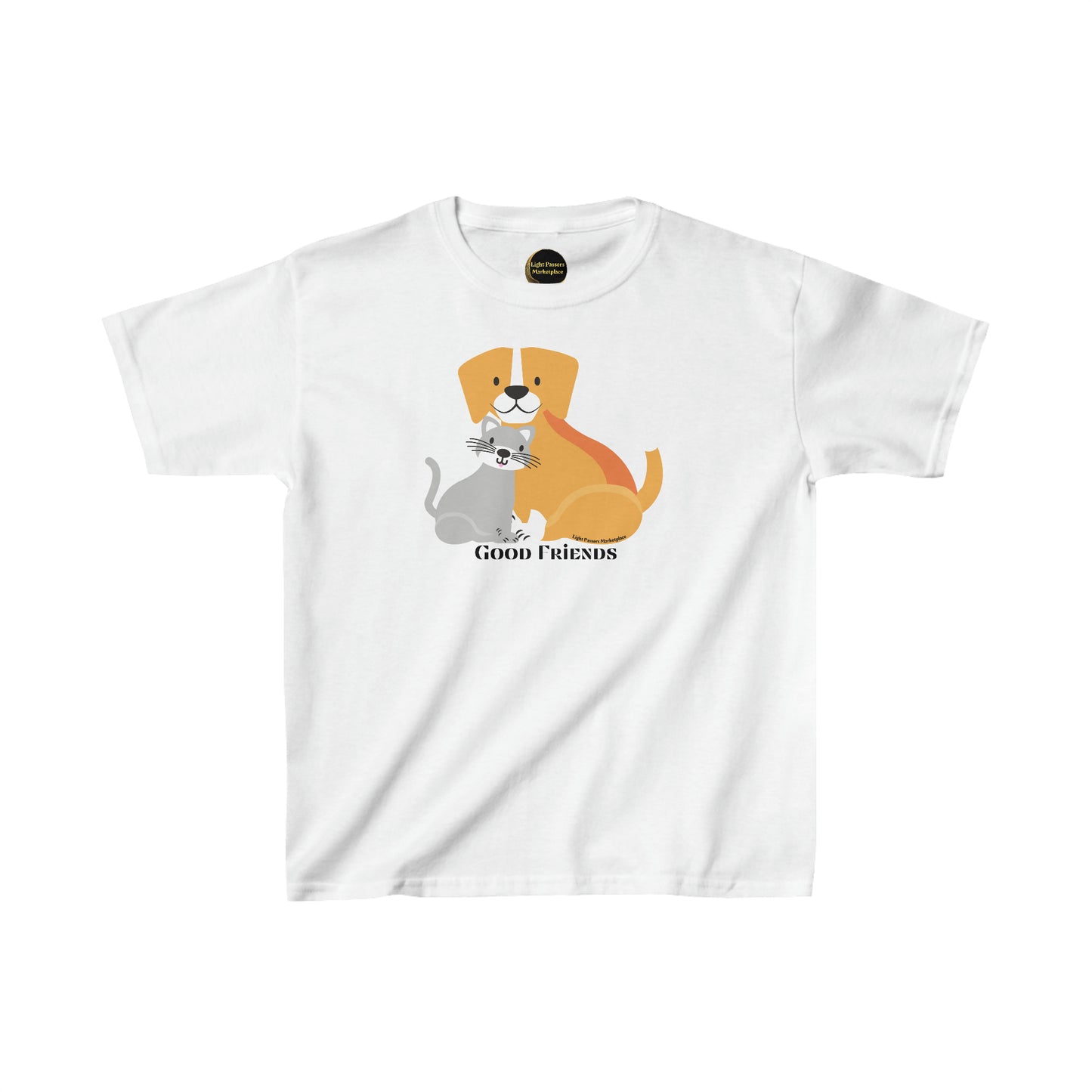 Youth cotton t-shirt featuring cartoon cat and dog friends. Made of 100% cotton with twill tape shoulders for durability and ribbed collar for curl resistance. Ethically sourced and Oeko-Tex certified.