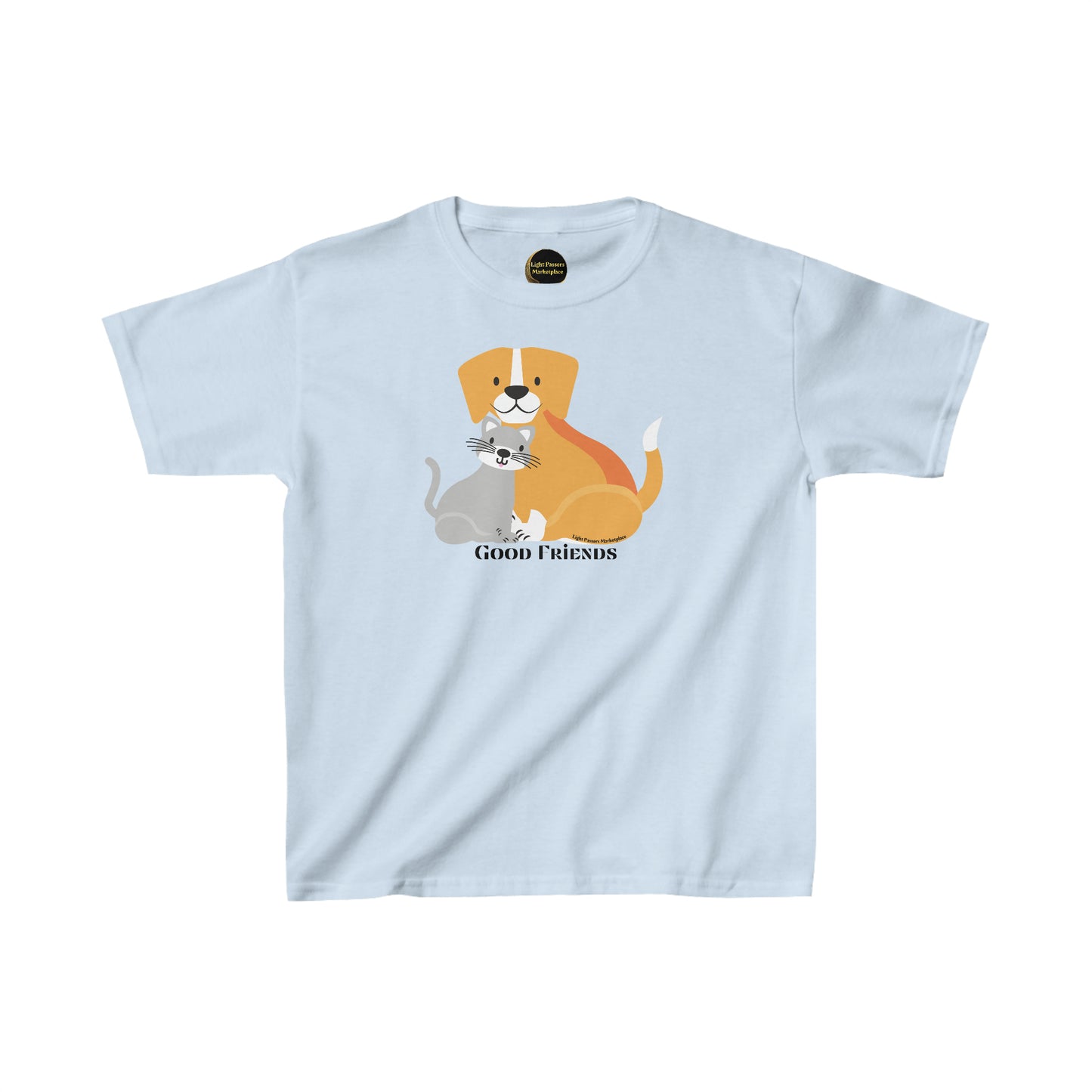 Youth cotton t-shirt featuring a dog and cat design. Made of 100% cotton for solid colors, with twill tape shoulders for durability and a curl-resistant collar. Ethically sourced and Oeko-Tex certified.