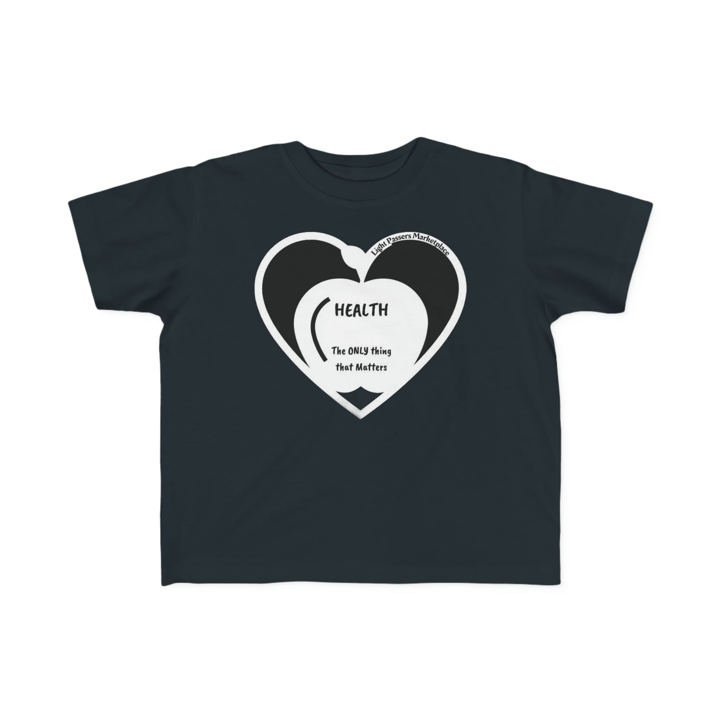 A black toddler t-shirt with a heart and text design, made of soft, durable combed cotton. Ideal for sensitive skin, featuring a high-quality print and tear-away label.