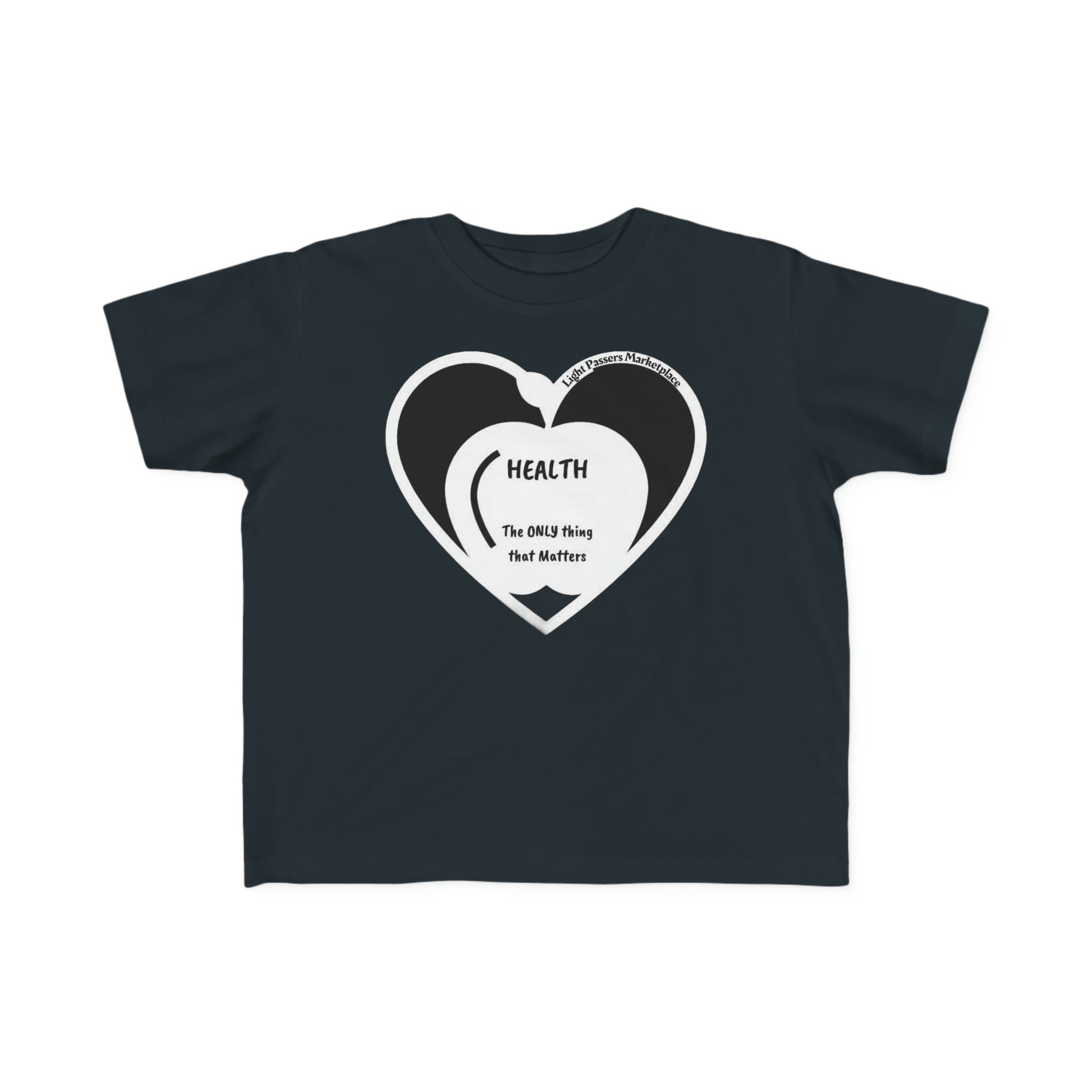 A black toddler t-shirt with a heart and text design, made of soft, durable combed cotton. Ideal for sensitive skin, featuring a high-quality print and tear-away label.