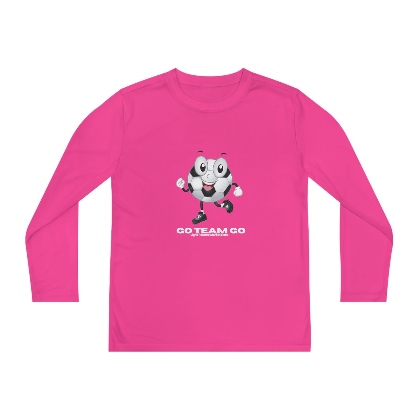Teams Youth Long Sleeve Soccer Ball Guy shirt featuring a cartoon soccer character, ideal for young sports fans with moisture-wicking polyester and athletic fit.
