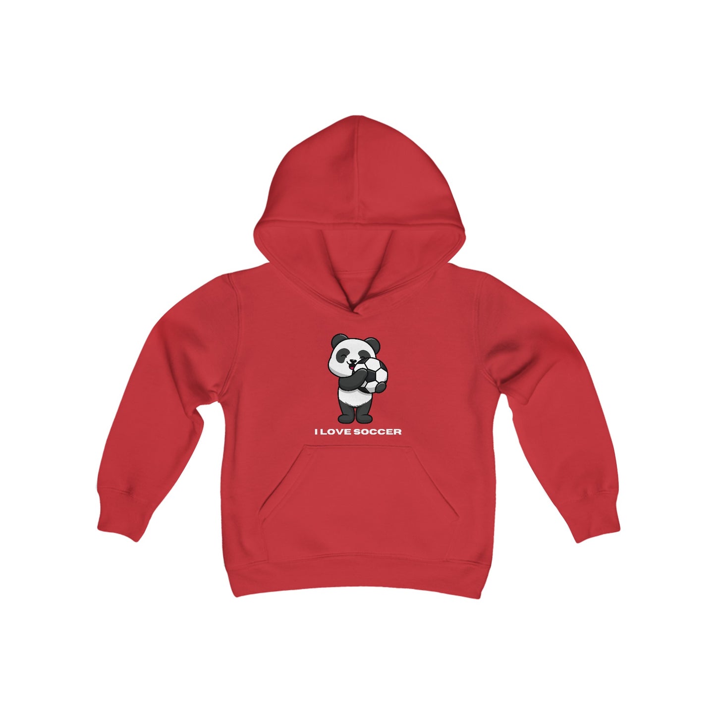Youth blend hooded sweatshirt featuring a panda playing soccer, made of soft fleece, 50% cotton 50% polyester. Kangaroo pocket, twill taping, ideal for printing.