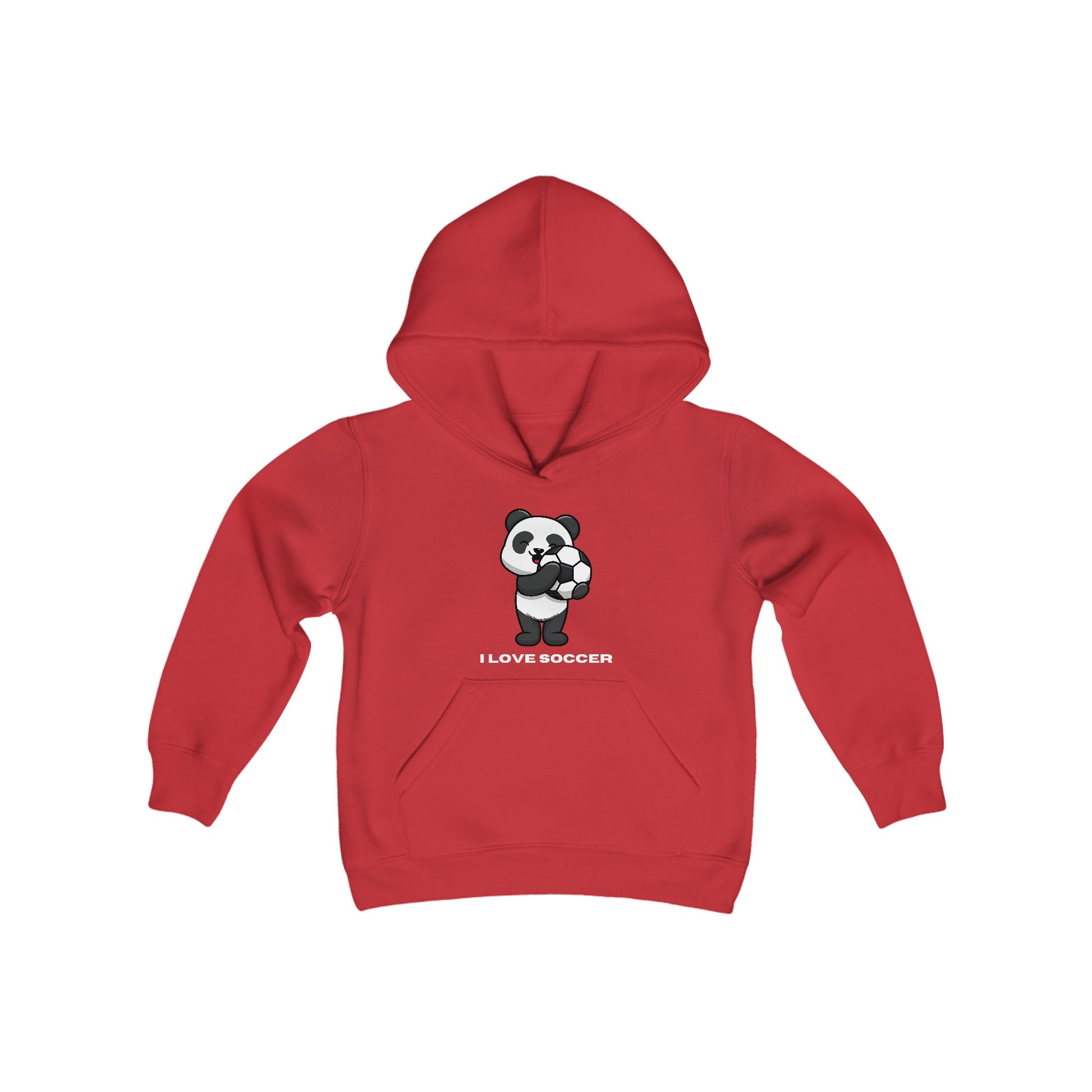 Youth blend hooded sweatshirt featuring a panda playing soccer, made of soft fleece, 50% cotton 50% polyester. Kangaroo pocket, twill taping, ideal for printing.