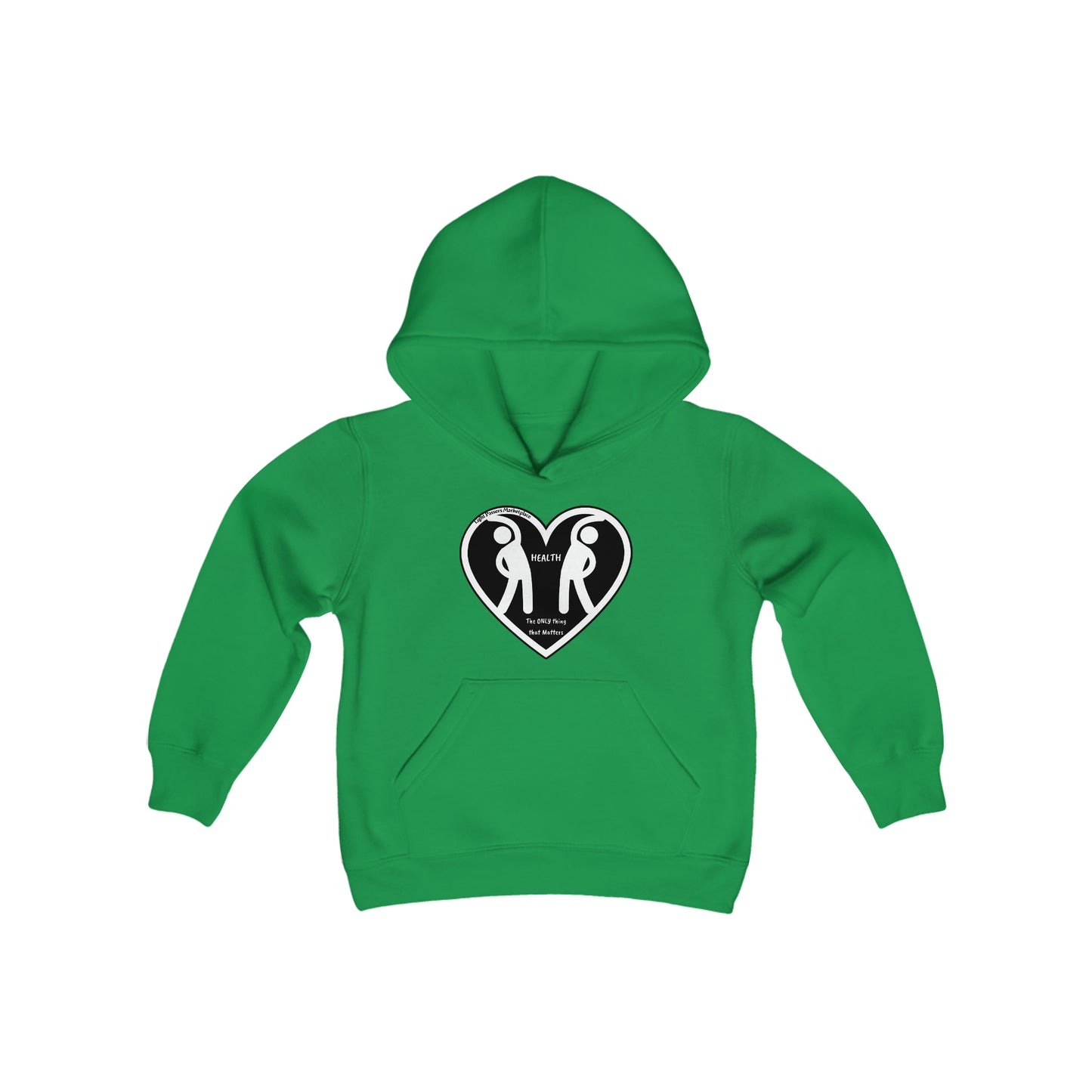 Youth blend hooded sweatshirt featuring a heart and two people design, kangaroo pocket, and twill taping. 50% cotton, 50% polyester, 7.75 oz fabric. Comfortable, preshrunk fleece for printing.