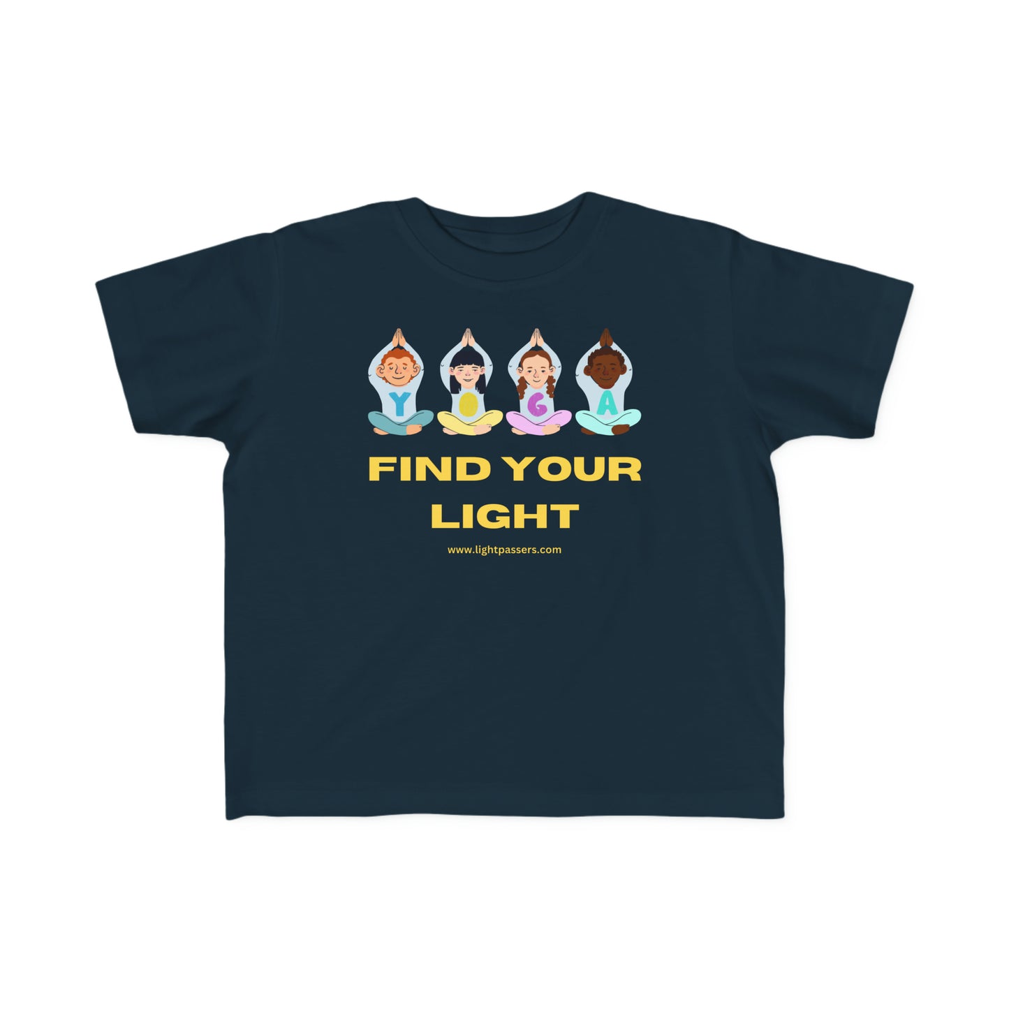 A toddler's t-shirt featuring a group of kids in yoga poses, with a soft, durable print. 100% combed cotton, light fabric, tear-away label, classic fit, true to size.