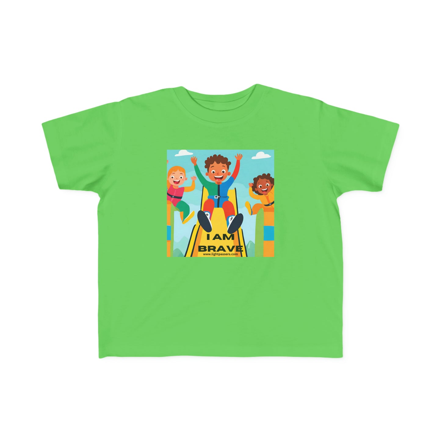A green toddler t-shirt featuring cartoon characters playing on a slide. Made of soft, 100% combed cotton for sensitive skin, with a durable print. Perfect for active little ones.