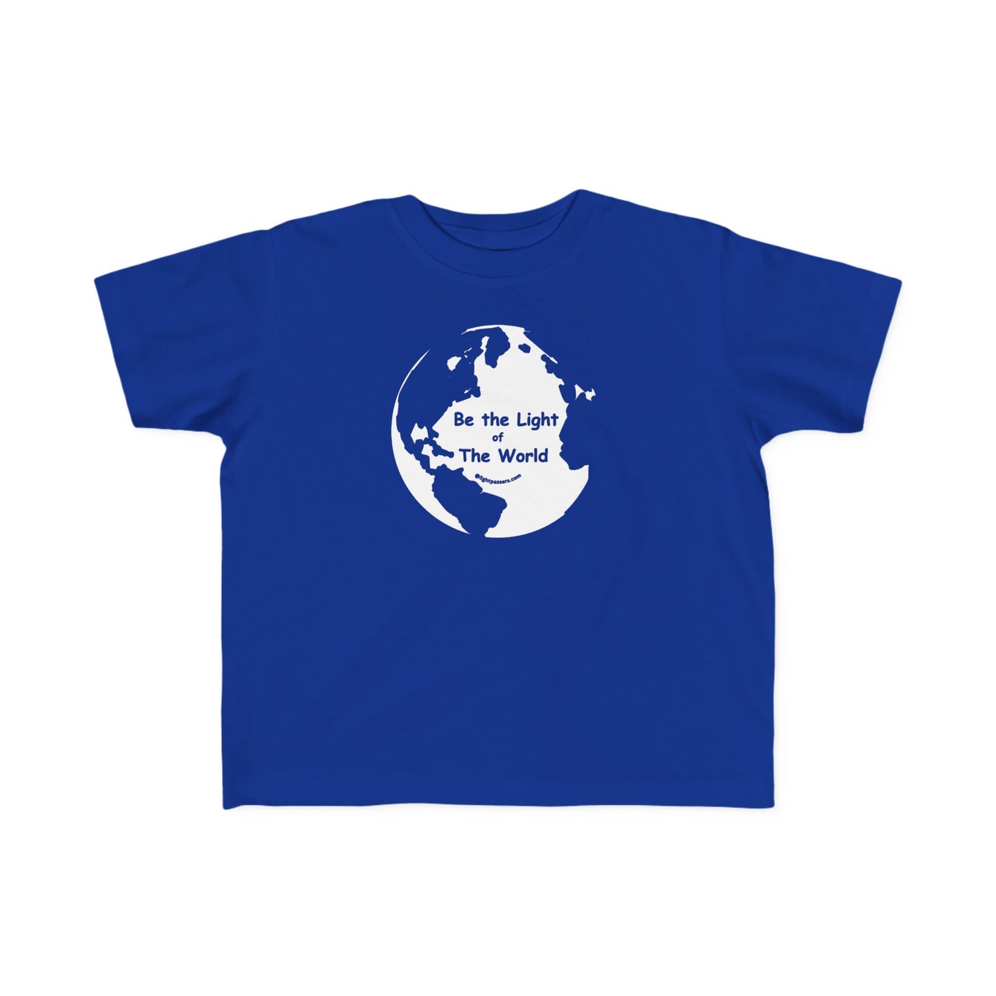 A toddler t-shirt featuring a white globe design with text, symbolizing being the light of the world. Made of soft, durable 100% combed cotton, perfect for sensitive skin.