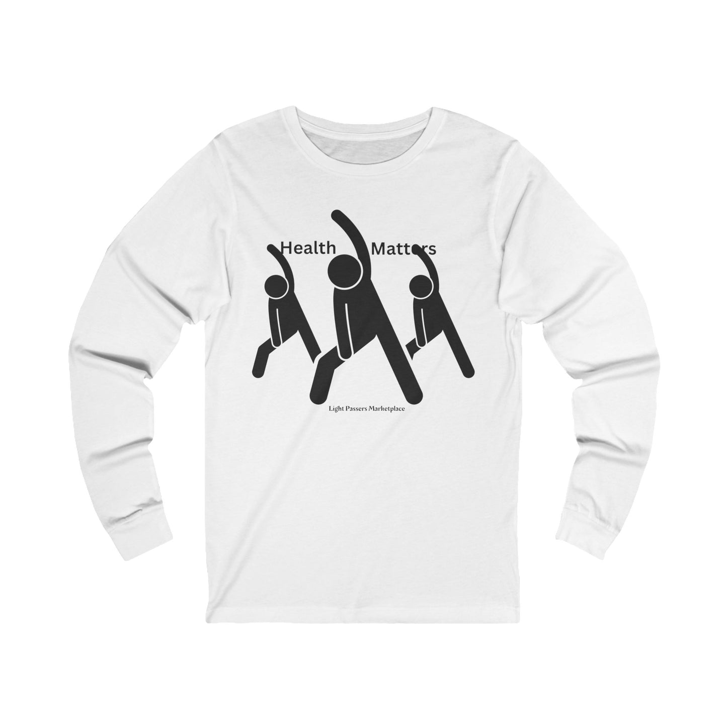 Health Matters Long Sleeve Tee featuring three people stretching in black and white graphics, ideal for fitness enthusiasts and health-conscious individuals.