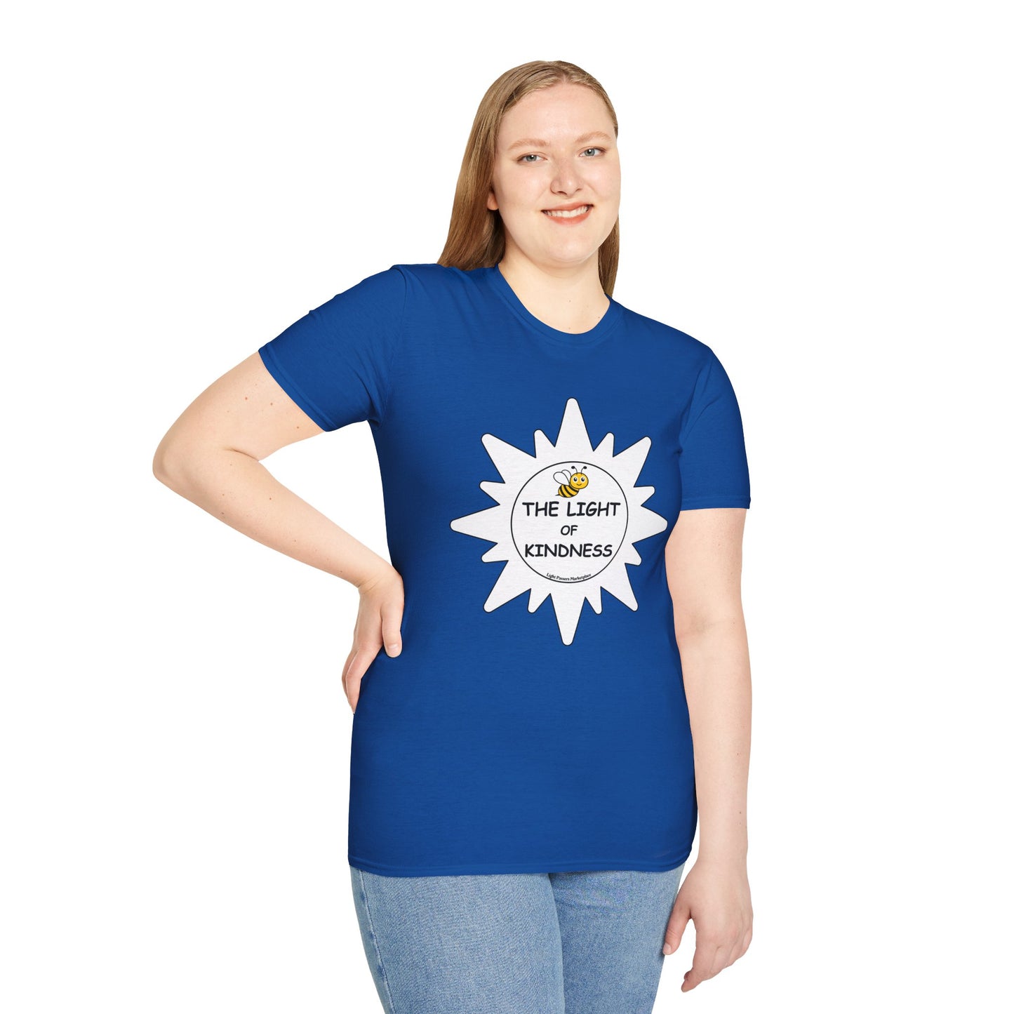 A woman in a blue shirt with a white circle featuring a yellow bee, showcasing a close-up of a casual unisex tee. No side seams, smooth surface for printing, and tape on shoulders for durability.