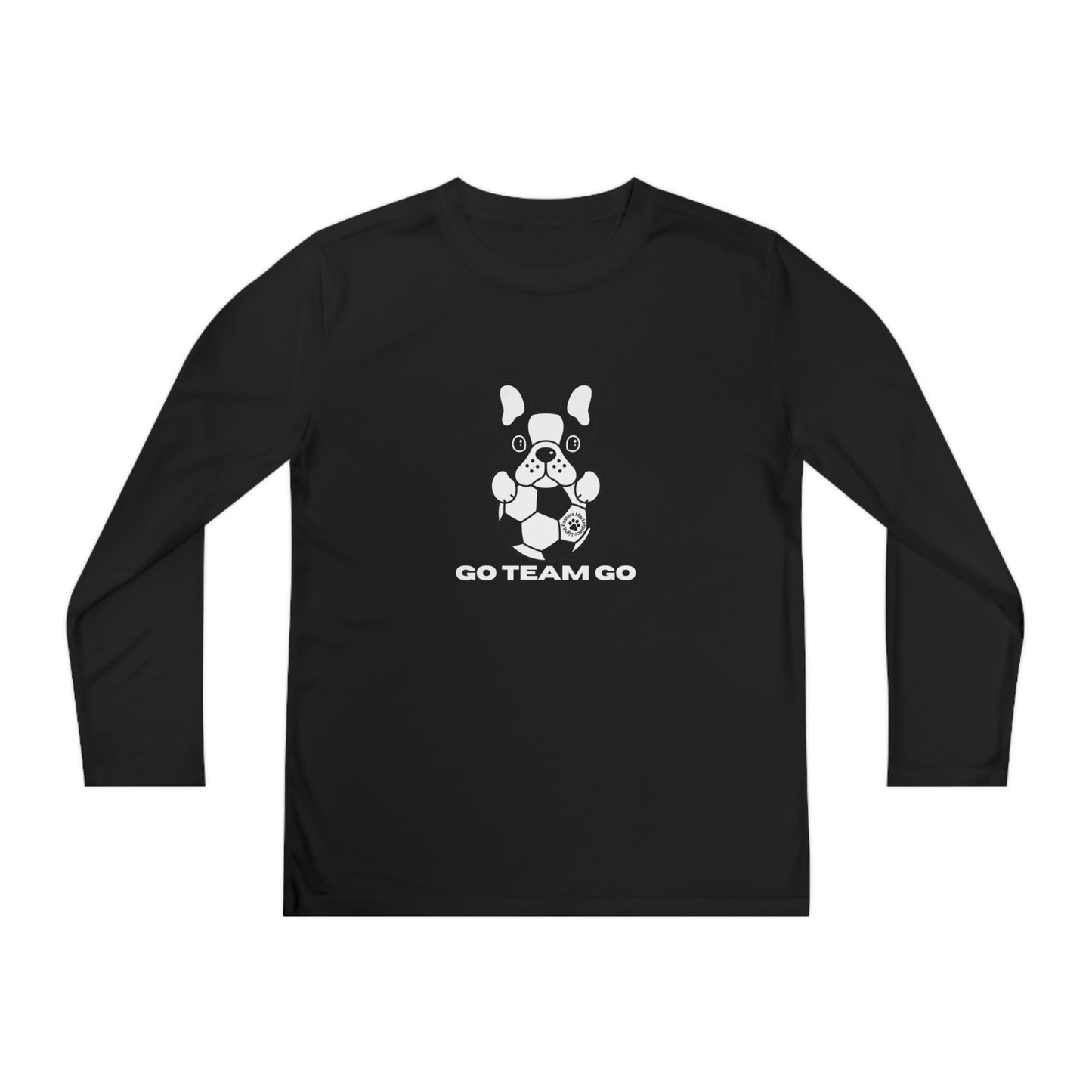 Youth Long Sleeve Soccer Dog Go Team Go featuring a black long-sleeved shirt with a playful dog and football design, perfect for young soccer fans.