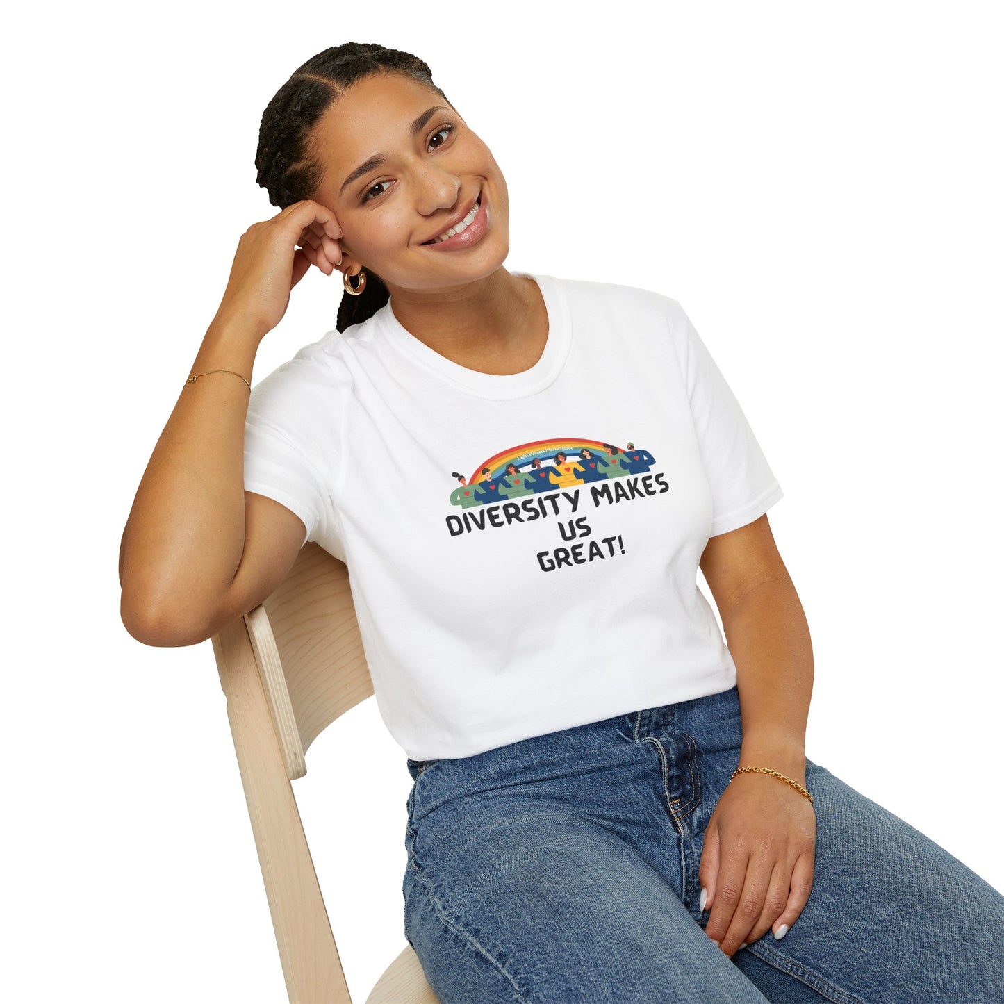 A woman in a white shirt sitting on a chair, showcasing a casual dress staple. Unisex heavy cotton tee with smooth surface for vivid printing, no side seams, and tape on shoulders for durability.