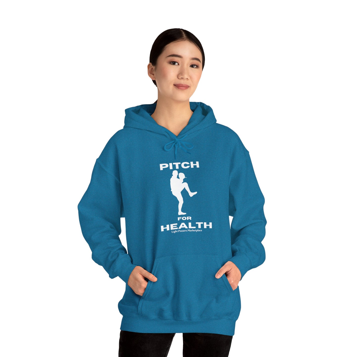 A person in a blue hooded sweatshirt with a kangaroo pocket, drawstring hood, and cozy cotton-polyester blend for warmth and comfort.