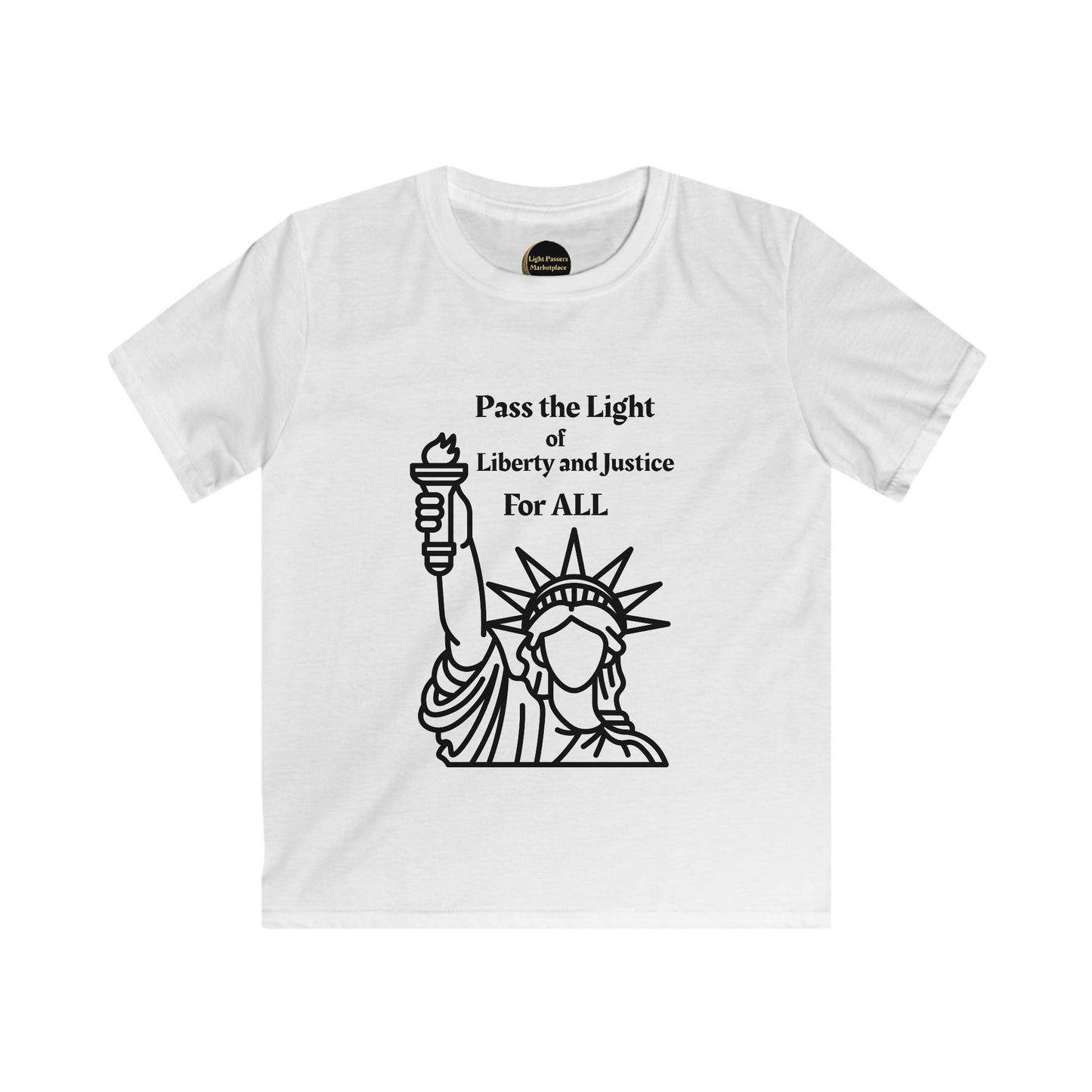 Youth T-shirt with Pass the Light of Liberty and Justice for All message, emphasizing comfort and empowerment, suitable for young activists.