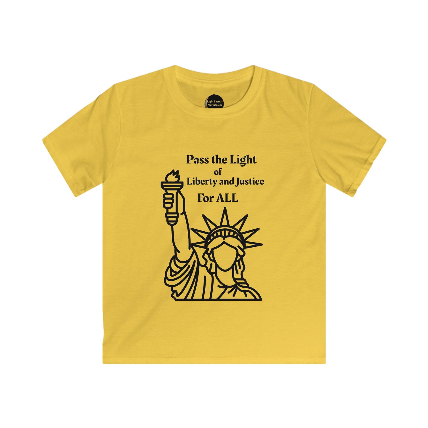 Youth T-shirt with Pass the Light of Liberty and Justice for All message, emphasizing comfort and empowerment for kids. Ideal for casual wear.