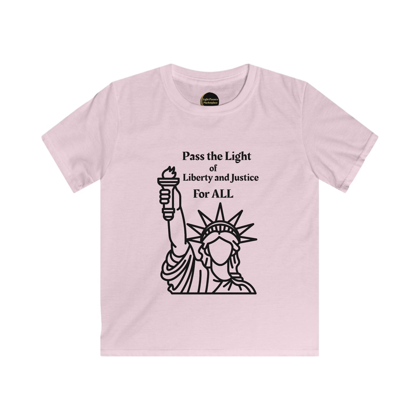 Youth T-shirt featuring Pass the Light of Liberty and Justice for All, symbolizing empowerment and creativity, perfect for school or family outings.