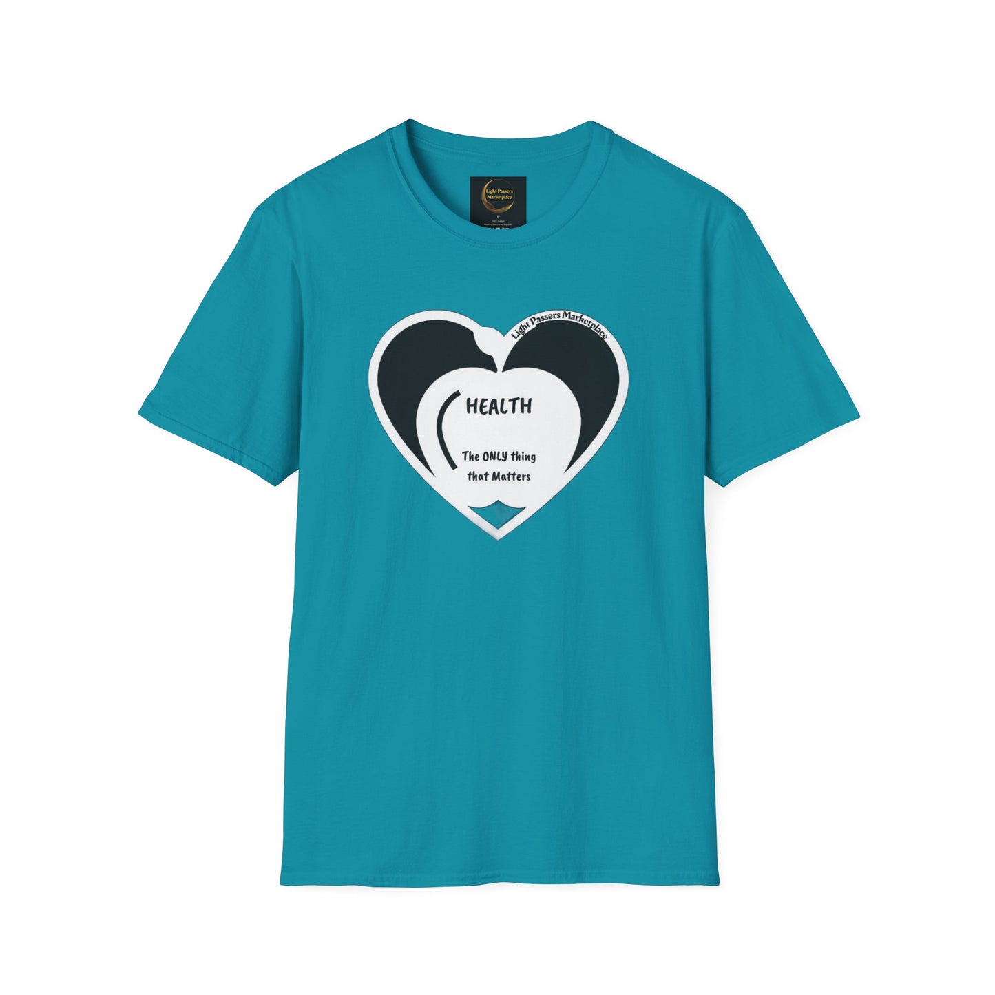 Health Happy Food Apple Adult Unisex T-Shirt featuring a heart design, showcasing a comfortable, durable, 100% cotton fabric with a crew neckline and tear-away label.