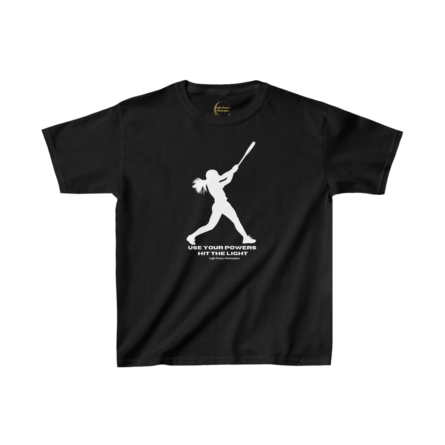 Youth black t-shirt with a white silhouette of a girl swinging a bat. Made of 100% cotton for comfort, featuring twill tape shoulders and ribbed collar for durability. Ethically sourced US cotton.