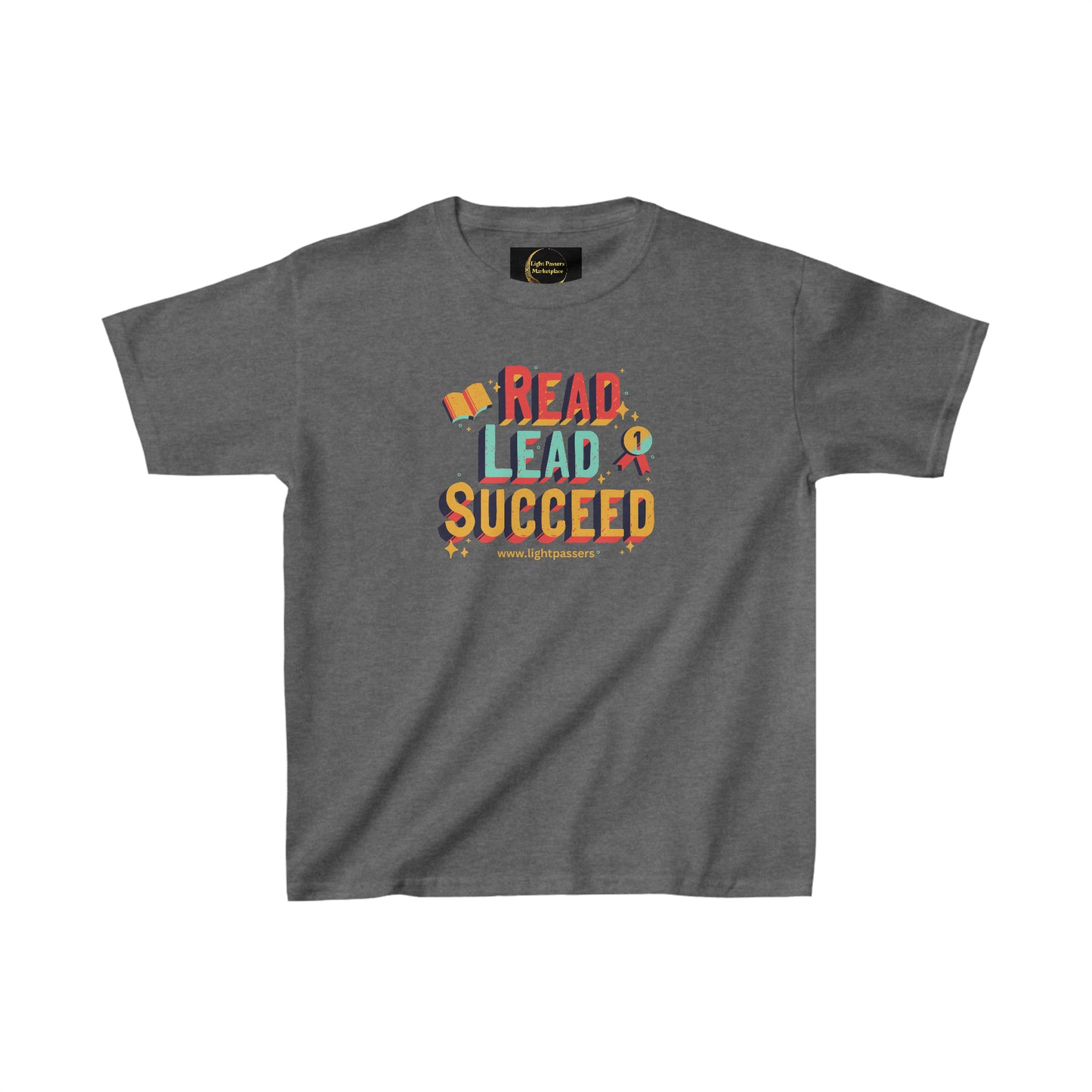 Youth grey t-shirt with colorful Read Lead and Succeed text. 100% cotton, durable twill tape shoulders, ribbed collar, no side seams. Ideal for everyday wear.